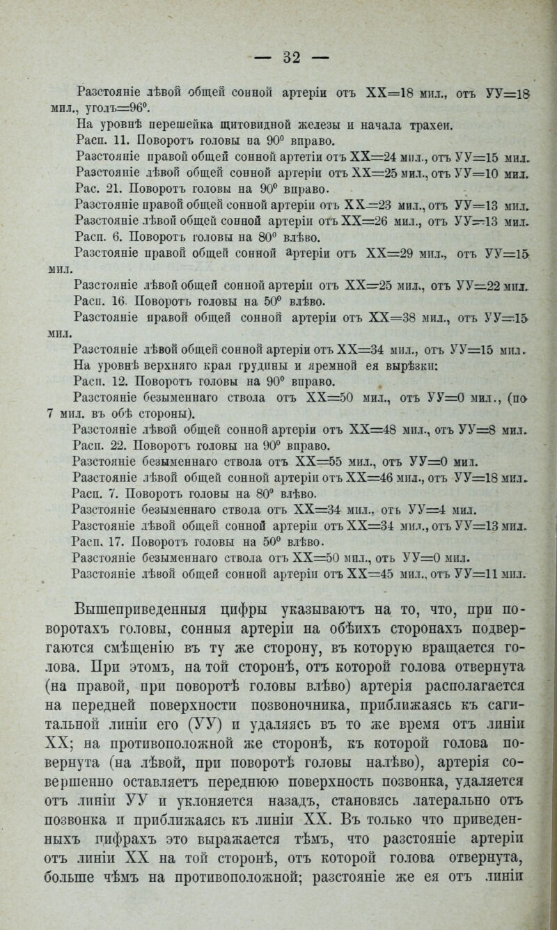 Разстояніе лѣвой общей сонной артеріи отъ ХХ=18 мпл., отъ УУ=18 мил., уголъ=96®. На уровнѣ перешейка щитовидной железы и начала трахеи. Расп. 11. Поворотъ головы оа 90° вправо. Разстояніе правой общей сонной артетіи отъ ХХ=24 мил., отъ УУ=15 мил. Разстояніе лѣвой общей сонной артеріи отъ ХХ=25 мил., отъ УУ=10 мил. Рас. 21. Поворотъ головы на 90° вправо. Разстояніе правой общей сонной артеріи отъ XX—23 мил., отъ УУ=13 мпл. Разстояніе лѣвой общей сонной артеріи отъ ХХ=26 мил., отъ УУ—із мил, Расп. 6. Поворотъ головы на 80° влѣво. Разстояніе правой общей сонной артеріи отъ ХХ=29 мпл., отъ УУ=15 мил. Разстояніе лѣвой общей сонной артеріи отъ XX—25 мил., отъ УУ=:22 мпл, Расп. 16. Поворотъ головы на 50° влѣво. Разстояніе правой общей сонной артеріи отъ ХХ=38 мил., отъ УУ=:15 мил. Разстояніе лѣвой общей сонной артеріи отъ ХХ=34 мпл., отъ УУ=15 мпл. На уровнѣ верхняго края грудины и яремной ея вырѣзки: Расп. 12. Поворотъ головы на 90° вправо. Разстояніе безыменнаго ствола отъ ХХ=50 мил., отъ УУ=0 мил., (по 7 мпл. въ обѣ стороны). Разстояніе лѣвой общей сонной артеріи отъ ХХ=48 мил., отъ УУ=8 мил, Расп. 22. Поворотъ головы на 90° вправо. Разстояніе безыменнаго ствола отъ ХХ=55 мпл., отъ УУ=0 мил. Разстояніе лѣвой общей сонной артеріи отъ ХХ=46 мпл., отъ УУ=18 мил, Расп. 7. Поворотъ головы на 80° влѣво. Разстояніе безыменнаго ствола отъ ХХ=34 мил., отъ УУ=4 мил. Разстояніе .лѣвой общей сонной артеріи отъХХ=34 мнл.,отъУУ=13мпл, Расп. 17. Поворотъ головы на 50° в.тѣво. Разстояніе безыменнаго ствола отъ ХХ=50 мпл., отъ УУ=0 мпл. Разстояніе лѣвой общей сонной артеріи отъ ХХ=45 мил., отъ УУ=11 мп.т. Вышеприведенныя цифры указываютъ на то, что, при по- воротахъ головы, сонныя артеріи на обѣихъ сторонахъ подвер- гаются смѣш,енію въ ту же сторону, въ которую врані,ается го- лова. При этомъ, на топ сторонѣ, отъ которой голова отвернута (на правой, при поворотѣ головы влѣво) артерія располагается на передней поверхности позвоночника, приближаясь къ саги- тальной линіи его (УУ) и удаляясь въ то же время отъ лпнін XX; на противоположной же сторонѣ, къ которой голова по- вернута (на лѣвой, при поворотѣ головы налѣво), артерія со- вершенно оставляетъ переднюю поверхность позвонка, уда.іяется отъ линіи УУ и уклоняется назадъ, становясь латерально отъ позвонка II приближаясь къ линіи XX. Въ только что приведен- ныхъ цифрахъ это выражается тѣмъ, что разстояніе артеріи отъ линіи XX на той сторонѣ, отъ которой голова отвернута, больше чѣмъ на противопо.южной; разстояніе же ея отъ .іиніи