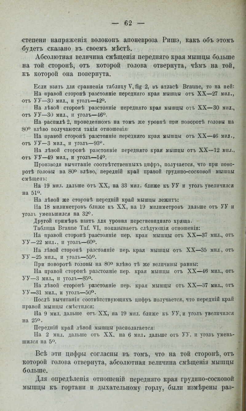 <^тепени нааряженія волоковъ апоневроза Ришэ, какъ объ этомъ будетъ сказано въ своемъ мѣстѣ. Абсолютная величина смѣщенія передняго края мышцы больше на той сторонѣ, отъ которой голова отвернута, чѣмъ на той, къ которой она повернута. Если взять для сравненія таблицу У, % 2, въ атласѣ Втайне, то на ней: На правой сторонѣ разстояніе передняго края мышцы отъ XX—27 мил., отъ У У—30 мил., и уголъ—42^. На лѣвой сторонѣ разстояніе передняго края мышцы отъ XX—30 мил., отъ У У—30 мил., II уголъ—46®. На распилѣ 2, проведенномъ на томъ же уровнѣ при поворотѣ головы на 80® влѣво получаются такія отношенія: На правой сторонѣ разстояніе передняго края мышцы отъ XX—46 мил., отъ УУ—3 мол., II уголъ—93®. На лѣвой сторонѣ разстояніе передняго края мышцы отъ XX—12 мил., отъ У У—49 мил., и уголъ—14®. Производя вычитаніе соотвѣтственныхъ цифръ, получается, что при пово- ротѣ головы на 80® влѣво, передній край правой грудпно-сосковоп мышцы смѣщенъ: На 19 мил. дальше отъ XX, на 33 мил. ближе къ УУ и уголъ увеличился на 51®. На лѣвой же сторонѣ передній крап мышцы лежитъ: На 18 мплиметровъ ближе къ XX, на 19 мплиметровъ дальше отъ УУ п уголъ уменьшился на 32®. Другой примѣръ взятъ для уровня перстневиднаго хряща. - Таблица Вгашіе Таѣ VI, показываетъ слѣдующія отношенія: На правой сторонѣ разстояніе пер. края мышцы отъ XX—37 мил., отъ УТ—22 мил., п уголъ—60®. На лѣвой сторонѣ разстояніе пер. края мышцы отъ XX—35 мил, отъ УУ—25 мпл., п уголъ—55®. При поворотѣ головы на 80® в.іѣво тѣ же величины равны: На правой сторонѣ разстояніе пер. края мышцы отъ XX—46 мпл., отъ УУ—3 мил., II уголъ—85®. На лѣвой сторонѣ разстояніе пер. края мышцы отъ XX—37 ыи.і., отъ УУ—31 мил., и уголъ—50®. Послѣ вычитанія соотвѣтствующихъ цифръ получается, что передній край правой мышцы смѣстился: На 9 мил. дальше отъ XX, на 19 мпл. ближе къ УУ, и уголъ увеличился на 25®. Передній край лѣвой мышцы располагается: На 2 мпл. дальше отъ XX, на 6 мпл. дальше отъ УУ, и уголъ умень- шился на 5®. Всѣ эти цифры согласны въ томъ, что на той сторонѣ, отъ которой голова отвернута, абсолютная величина смѣщенія мышцы бо.іьше. Д.ія опредѣленія отношеній передняго края грудино-сосковой мышцы къ гортани и дыхательному гор.іу, были измѣрены раз-