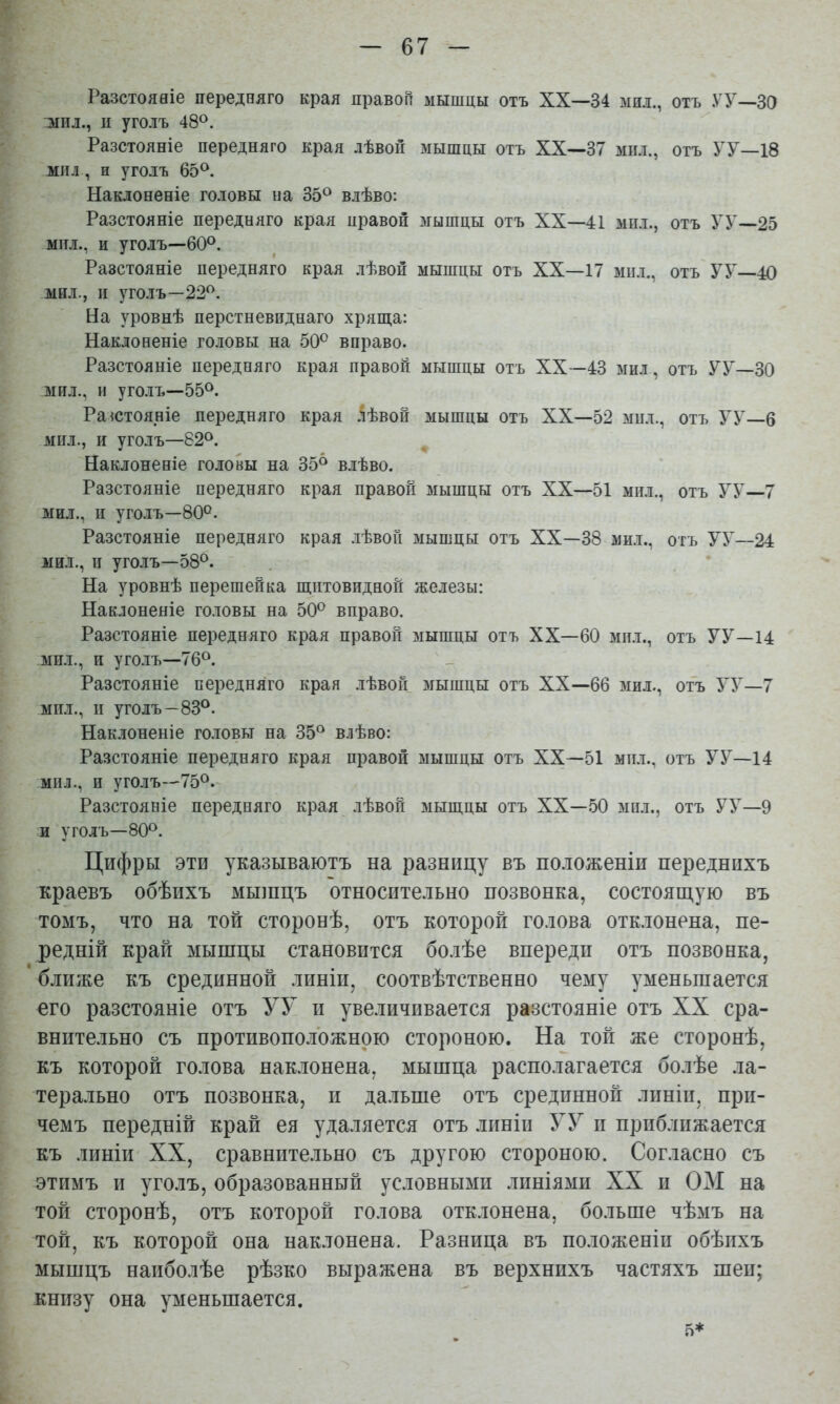 Разстояніе передняго края правоГі мышцы отъ XX—-34 мил., отъ .ѴУ—30 Л1ІЫ., ц уголъ 48®. Разстояніе передняго края лѣвой мышцы отъ XX—37 мил., отъ УУ—18 мил, и уголъ 65^. Наклоненіе головы на 35^ влѣво: Разстояніе передняго края правой мышцы отъ XX—41 мпл., отъ УУ—25 мил., и уголъ—60<^. Разстояніе передняго края лѣвой мышцы отъ XX—17 мил., отъ УУ—40 мил., II уголъ—22^. На уровнѣ перстневиднаго хряща: Наклоненіе головы на 50® вправо. Разстояніе передняго края правой мышцы отъ XX—43 мил, отъ УУ—30 мил., и уголъ—55®. Разстояніе передняго края .Нвой мышцы отъ XX—52 мил., отъ УУ—б мил., и уголъ—82®. Наклоненіе головы на 35® влѣво. Разстояніе передняго края правой мышцы отъ XX—51 мил., отъ УУ 7 мил., и уголъ—80®. Разстояніе передняго края .іѣвоГі мышцы отъ XX—38 мил., отъ УУ—24 мил., II уголъ—58®. На уровнѣ перешейка щитовидной железы: Наклоненіе головы на 50® вправо. Разстояніе передняго края правой мышцы отъ XX—60 мил., отъ УУ—14 мил., и уго.іъ—76®. Разстояніе передняго края .лѣвой мышцы отъ XX—66 мил., отъ УУ—7 мпл., п уголъ—83®. Нак.іоненіе го.іовы на 35® влѣво: Разстояніе передняго края правой мышцы отъ XX—51 мп.і., отъ У У—14 мил., и уголъ—75®.' Разстояніе передняго края лѣвой мыщцы отъ XX—.50 мил., отъ УУ—9 и уголъ—80®. Цифры эти указываютъ на разницу въ положеніи переднихъ краевъ обѣихъ мыіпцъ относительно позвонка, состоящую въ томъ, что на той сторонѣ, отъ которой голова отк.іонена, пе- редній край мышцы становится болѣе впереди отъ позвонка, ближе къ срединной линіи, соотвѣтственно чему уменьшается его разстояніе отъ УУ и увеличивается разстояніе отъ XX сра- внительно съ противоположною стороною. На той же сторонѣ, къ которой голова наклонена, мышца располагается болѣе ла- терально отъ позвонка, и да.іьше отъ срединной линіи, при- чемъ передній край ея удаляется отъ линіи УУ и приближается къ линіи XX, сравнительно съ другою стороною. Согласно съ этимъ и уголъ, образованный условными линіями XX и ОМ на той сторонѣ, отъ которой голова отклонена, бо.іьше чѣмъ на той, къ которой она наклонена. Разница въ по.юженіп обѣихъ мышцъ наиболѣе рѣзко выражена въ верхнихъ частяхъ шеи; книзу она уменьшается. 5*