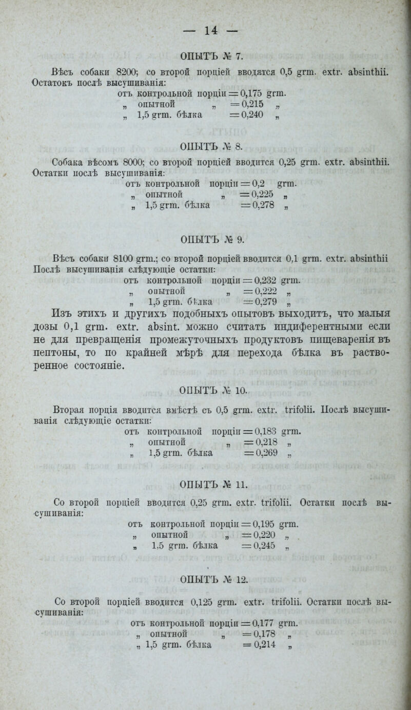 ОПЫТЪ № 7. Вѣсъ собаки 8200; со второй порціеГі вводятся 0,5 §гт. ехіг. аЪзіпІІііі. Остатокъ послѣ высушиванія: отъ контрольной порціи 0,175 §гт. „ опытной „ =0,215 „ „ 1,5 §гт. бѣлка = 0,240 „ ОПЫТЪ Д'і; 8. Собака вѣсомъ 8000; со второй порціей вводится 0,25 ^гт. ехіг. аЪзіпіЬіі. Остатки нослѣ высушиванія: отъ контрольной порціи = 0,2 §гт. „ опытной „ =0,225 „ „ 1,5 ^гт. бѣлка =0,278 „ ОПЫТЪ 9. Вѣсъ собаки 8100 ^гт.; со второй порціей вводится ОД §гт. ехіг. аЬзіпіЫі Послѣ высушпванія слѣдующіе остатки: отъ контрольной порціи = 0,232 дгт. „ оиытной „ =0,222 „ „ 1,5§гт. бі лка =0,279 „ Изъ этихъ и другихъ подобныхъ опытовъ выходить, что малыя дозы 0,1 дгт. ехіг. аЬзіпІ:. можно считать индиферентными если не для превращенія промежуточныхъ продуктовь ппщеваренія вь пептоны, то по крайней мѣрѣ для перехода бѣлка вь раство- ренное состояніе. ОПЫТЪ ЛІ' 10. Вторая порція вводится вмѣстѣ съ 0,5 §гт. ехіг. ІгіЫіі. Ыослѣ высуши- Банія слѣдующіе остатки: отъ контрольной порціи = 0,183 §пп. „ опытной „ =0,218 „ „ 1,5 ^гт. бѣіка =0,269 „ ОПЫТЪ № И. Со второй порціей вводится 0,25 §гт. ех1;г. ІгМіі. Остатки послѣ вы- сушиванія: отъ контрольной порціи = 0,195 §гт. „ опытной „ =0,220 „ 1,5 §гга. бѣлка =0,245 „ ОПЫТЪ До 12. Со второй порціей вводится 0,125 §гт. ехіг. 1:гіі'о1іі. Остатки послѣ вы- сушиванія: отъ контрольной порціи = 0,177 §гт. „ опытной „ =0,178 „ „ 1,5 ^гт. бѣлка = 0,214 „