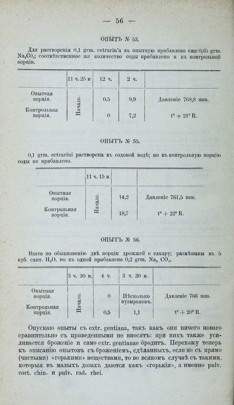 ОПЫТЪ № 53. Для растворенія 0,1 ^гт. се1гагіп'а въ опытную прибавлено еще 0,05 §гт. Nа2С0з; соотвѣтственное же количество соды прибавлено и къ контрольной иорціи. 11 ч.25м- 12 ч. 2 ч. Опытная ііорція. о 0,5 9,9 Давленіе 768,8 тт. (Й Контрольная порція. Я 0 7,2 _^ 21« К. ОПЫТЪ № 55. 0,1 §гт. сеігагіиі растворена въ содовой водѣ; но въ контрольную порцію соды не прибавлено. 11 ч. 15 м. Опытная нордія. о 14,2 Давленіе 761,5 тт. Контрольная порція. ей Щ 18,7 і« + 22«В. ОПЫТЪ № 56. Взято по обыкновенію двѣ порціи дрожліей и сахару; размѣшаны въ 5 куб. саот. Н2О, но къ одной прибавлено 0,2 §гт, ІѴГаз СО3. 3 ч. 20 м. 4 ч. 3 ч. 30 м. Опытная порція. Контрольная порція. Начало. 0 0,5 Нѣсколько пузырьковъ. 1,1 Давленіе 766 тт. + 20° К. Опускаю опыты съ ехіг. ^епѣіапа, такъ какъ они ничего новаго сравнительно съ приведенными не вносятъ: при нихъ также уси- ливается броженіе и само ехіг. ^епііапае бродить. Перехожу теперь къ описанію опытовъ съ броженіемъ, сдѣланныхъ, если не съ прямо (чистыми) «горькими» веществами, то во всякомъ случаѣ съ такими, которыя въ малыхъ дозахъ даются какъ «горькія», а именно риіѵ. согі. СІ1ІП. и риіѵ. га(1. гііеі.