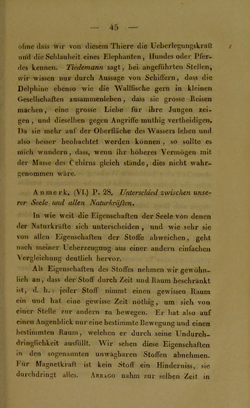 olme dass wir von diesem Thiere die Ucberlegungskrad / und die Scldauheit eines Elephanten, Hundes oder Pfer- »les kennen. Tiedemann sagt, Lei angeführten Stellen, wir wissen nur durch Aussage von Schiffern, dass die Delphine ebenso wie die Wallfische gern in kleinen Gesellscliaften Zusammenleben, dass sie grosse Reisen machen, eine grosse Liebe für ihre Jungen zei- gen , und diesellien gegen Angriffe muthig vertheidigen. Da sie mehr auf der Oberfläche des Wassers leben und also besser beobachtet werden können , so sollte es mich wundern, dass, wenn ihr höheres Vermögen mit der Masse des Cehii-ns gleich stände, dies nicht wahr- genommen w'äre. An merk. (VI.) P. 28. Unterschied zwischen unse- rer Seele und allen Naturkrcjften. In wie weit die Eigenschaften der Seele von denen der Naturkräfte sich unterscheiden , und wie sehr sie von allen Eigenschaften der Stoffe abweichen, geht nach meiner Ueberzeugung aus einer andern einfachen \ ergleichung deutlich hervor. Als Eigenschaften des Stoffes nehmen w ir gewöhn- lich an, dass der Stoff durch Zeit und Raum beschränkt ist, d. h.: jeder Stoff nimmt einen gewissen Raum ein und hat eine gewisse Zeit nöthig, um sich von einer Stelle zur andern zu bewegen. Er hat also auf einen Augenblick nur eine bestimmte Bewegung und einen bestimmten Raum, welchen er durch seine Undurch- dringlichkeit ausfiillt. Wir sehen diese Eigenschaften in den sogenannten unwägbaren Stoffen abnehmen, für Magnetkraft ist kein .Stoff ein Hinderniss, sie durchdringt alles. Ahrago nahm zur selben Zeit in