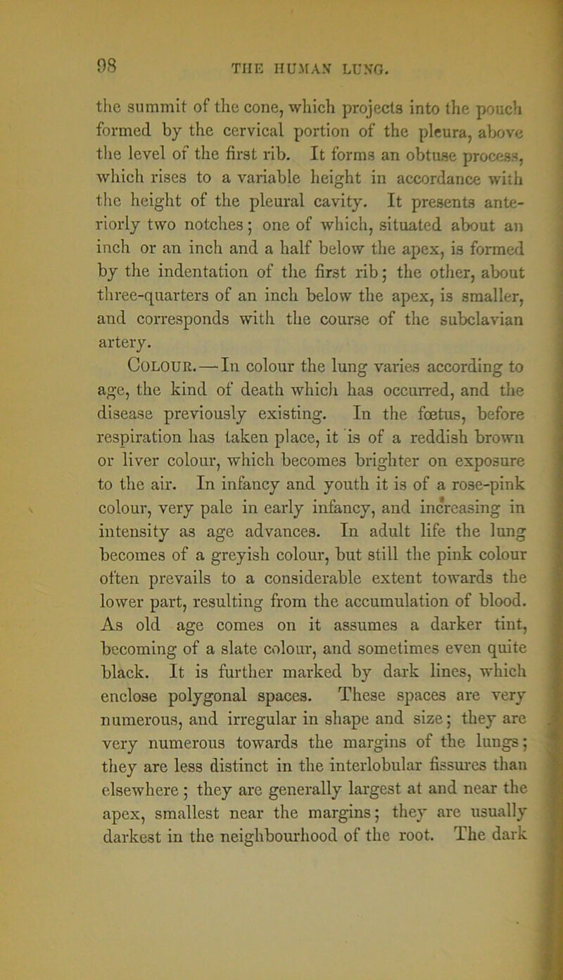 the summit of the cone, which projects into the pouch formed by the cervical portion of the pleura, above the level of the first rib. It forms an obtuse process, which rises to a variable height in accordance with the height of the pleural cavity. It presents ante- riorly two notches; one of which, situated about an inch or an inch and a half below the apex, is formed by the indentation of the first rib; the other, about three-quarters of an inch below the apex, is smaller, and corresponds with the course of the subclavian artery. Colour.—In colour the lung varies according to age, the kind of death which has occurred, and the disease previously existing. In the foetus, before respiration has taken place, it is of a reddish brown or liver colour, which becomes brighter on exposure to the air. In infancy and youth it is of a ro3e-pink colour, very pale in early infancy, and increasing in intensity as age advances. In adult life the lung becomes of a greyish colour, but still the pink colour often prevails to a considerable extent towards the lower part, resulting from the accumulation of blood. As old age comes on it assumes a darker tint, becoming of a slate colour, and sometimes even quite black. It is further marked by dark lines, which enclose polygonal spaces. These spaces are very numerous, and irregular in shape and size; they are very numerous towards the margins of the lungs; they are less distinct in the interlobular fissures than elsewhere ; they are generally largest at and near the apex, smallest near the margins; they are usually darkest in the neighbourhood of the root. The dark