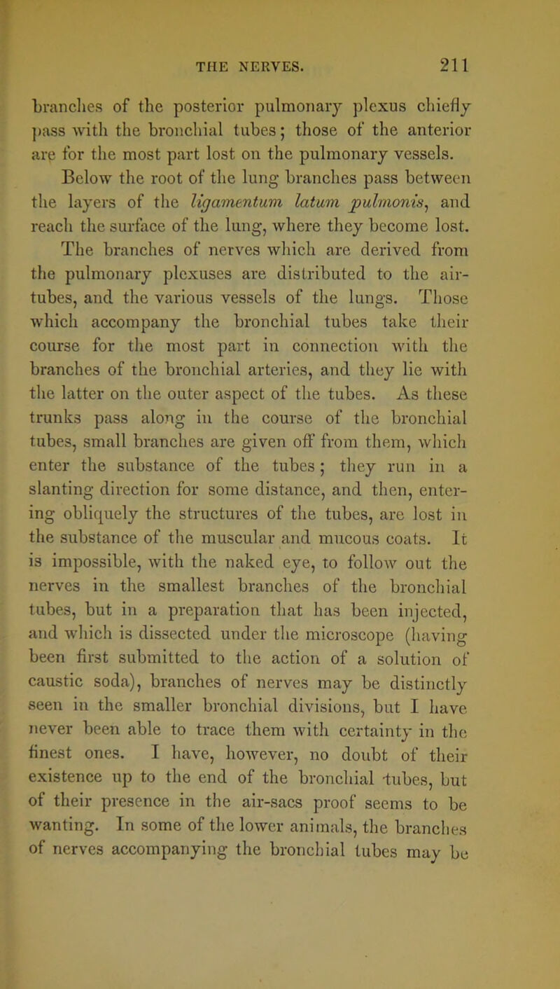 branches of the posterior pulmonary plexus chiefly pass with the bronchial tubes; those of the anterior are for the most part lost on the pulmonary vessels. Below the root of the lung branches pass between the layers of the ligamentum latum pulmonis, and reach the surface of the lung, where they become lost. The branches of nerves which are derived from the pulmonary plexuses are distributed to the air- tubes, and the various vessels of the lungs. Those which accompany the bronchial tubes take their course for the most part in connection with the branches of the bronchial arteries, and they lie with the latter on the outer aspect of the tubes. As these trunks pass along in the course of the bronchial tubes, small branches are given off’ from them, which enter the substance of the tubes ; they run in a slanting direction for some distance, and then, enter- ing obliquely the structures of the tubes, are lost in the substance of the muscular and mucous coats. It is impossible, with the naked eye, to follow out the nerves in the smallest branches of the bronchial tubes, but in a preparation that has been injected, and which is dissected under the microscope (having been first submitted to the action of a solution of caustic soda), branches of nerves may be distinctly seen in the smaller bronchial divisions, but I have never been able to trace them with certainty in the finest ones. I have, however, no doubt of their existence up to the end of the bronchial tubes, but of their presence in the air-sacs proof seems to be wanting. In some of the lower animals, the brandies of nerves accompanying the bronchial tubes may be