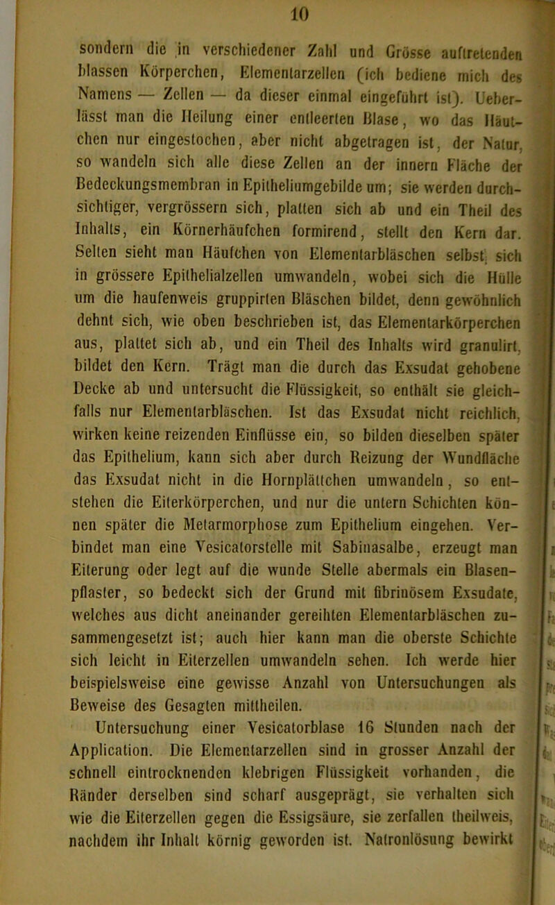 sondern die in verschiedener Zahl und Grosse aufiretenden blassen Körperchen, Elcmenlnrzellcn (ich bediene mich des Namens — Zellen — da dieser einmal eingeführt ist). Ueber- Iässt man die Heilung einer entleerten Blase, wo das Häut- chen nur eingeslochen, aber nicht abgetragen ist, der Natur, so wandeln sich alle diese Zellen an der innern Fläche der Bedeckungsmembran in Epilheliumgebilde um; sie werden durch- sichtiger, vergrössern sich, platten sich ab und ein Theil des Inhalts, ein Körnerhäufchen formirend, stellt den Kern dar. Sellen sieht man Häufchen von Elementarbläschen selbst, sich in grössere Epithelialzellen umwandeln, wobei sich die Hülle um die haufenweis gruppirten Bläschen bildet, denn gewöhnlich dehnt sich, wie oben beschrieben ist, das Elementarkörperchen aus, plattet sich ab, und ein Theil des Inhalts wird granulirt. bildet den Kern. Trägt man die durch das Exsudat gehobene Decke ab und untersucht die Flüssigkeit, so enthält sie gleich- falls nur Elementarbläschen. Ist das Exsudat nicht reichlich, wirken keine reizenden Einflüsse ein, so bilden dieselben später das Epilhelium, kann sich aber durch Reizung der Wundfläche das Exsudat nicht in die Hornplältchen umwandeln , so ent- stehen die Eiterkörperchen, und nur die untern Schichten kön- nen später die Melarmorphose zum Epithelium eingehen. Ver- bindet man eine Vesicatorstelle mit Sabinasalbe, erzeugt man Eiterung oder legt auf die wunde Stelle abermals ein Blasen- pflasler, so bedeckt sich der Grund mit fibrinösem Exsudate, welches aus dicht aneinander gereihten Elementarbläschen zu- sammengesetzt ist; auch hier kann man die oberste Schichte sich leicht in Eiterzellen umwandeln sehen. Ich werde hier beispielsweise eine gewisse Anzahl von Untersuchungen als Beweise des Gesagten mitlheilen. Untersuchung einer Vesicatorblase 16 Stunden nach der Application. Die Elementarzellen sind in grosser Anzahl der schnell eintrocknenden klebrigen Flüssigkeit vorhanden, die Ränder derselben sind scharf ausgeprägt, sie verhalten sich wie die Eiterzellen gegen die Essigsäure, sie zerfallen theilweis, nachdem ihr Inhalt körnig geworden ist. Natronlösung bewirkt