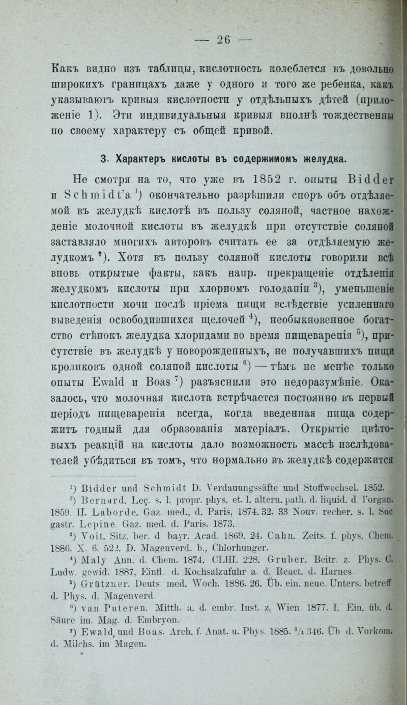 Какъ видно изъ таблицы, кислотность колеблется бъ довольно широкихъ границахъ даже у одного и того же ребенка, какъ указываютъ кривыя кислотности у отдѣльныхъ дѣтей (прило- женіе 1). Эти индивидуальныя кривыя вполнѣ тождественны по своему характеру съ общей кривой. 3. Характеръ кислоты въ содержимомъ желудка. Не смотря на то, что уже въ 1852 г. опыты Вісісіег и 8 с 1і ш і сИ'а ') окончательно разрѣшили споръ объ отдѣляе- мой въ желудкѣ кислотѣ въ пользу соляной, частное нахож- деніе молочной кислоты въ желудкѣ при отсутствіе соляной заставляло многихъ авторовъ считать ее за отдѣляемую же- лудкомъ Хотя въ пользу соляной кислоты говорили всѣ вновь открытые факты, какъ напр. прекраш,еніе отдѣленія желудкомъ кислоты при хлорномъ голоданіи ^), уменьшеніе кислотности мочи послѣ пріема пищи вслѣдствіе усиленнаго выведенія освободившихся щелочей ^), необыкновенное богат- ство стѣнокъ желудка хлоридами во время пищеваренія ^), при- сутствіе въ желудкѣ у новорожденныхъ, не получавгаихъ пищи кроликовъ одной соляной кислоты — тѣмъ не менѣе только опыты Е^-акі и Воаз разъяснили это недоразумѣніе. Ока- залось, что молочная кислота встрѣчается постоянно въ первый періодъ пищеваренія всегда, когда введенная пища содер- житъ годный для образованія матеріалъ. Открытіе цвѣто- выхъ реакцій на кислоты дало возможность массѣ изслѣдова- телей убѣдиться въ томъ, что нормально въ желудкѣ содержится Ві(іс1ег ип(і 8с1ітіси В. Ѵегс1аиип^^88айе шісі 8іоЙѴес1і8е1. 1852. Вегпнг(1. Ъе^. 5. 1. ргорг. рііуз. еі. 1. акегп. ра1:1і. (I. 1і^иі(^. сі Гогдап. 1859. П. ЬаЪоічІе. Оах. тегі., с1. Рагіз, 1874.32. 33 Хоиѵ. гесііег. 8. I. 8ис ^азіг. Ьеріпе. (таг. тесі. (I. РагІ8. 1873. 3) Л^оіі. Ъег. (і Ъауг. Асасі. 1869. 24. Саіиі. 2еіІ8. 1. р1іУ8. Сііеш. 1886. X. 6. 52і. Б. Маі^епѵеггі. Ъ., СЫоіішп^ег. Маіу Апп. сі. СЬет. 1874. СЫП. 228. СтгиЪег. ВеіП-. г. Рііуз. С. ЬисЬѵ. ^^е^ѵіс^. 1887, Еіпй. (1. Кос}і8аІ2и1и1іг а. (1. Ееасі. с1. Нагпе8. Огйігпег. Беи1:8. тесі. ЛѴосІі. 1886. 26. ІІЪ. еіп. пеие. Ілііегй. ЬеІгеіТ (і. Р1іу8. (I. Ма^епѵегсі ѵап Риіегеп. МіШі. а. с1. ешЪг. ІП8І:. і, ДУіеп. 1877. I. Еіп. ііЪ. гі. 8аиге іт. Ма§. с1. ЕтЪгуоп. Е\ѵа 1(1,1111(1 Во а 8. Агсіі. I Аші. и. Р1іу5. 1885. 346. ОЬ (1. Ѵогкот. (I. МІІСІ18. іт Ма^еп.