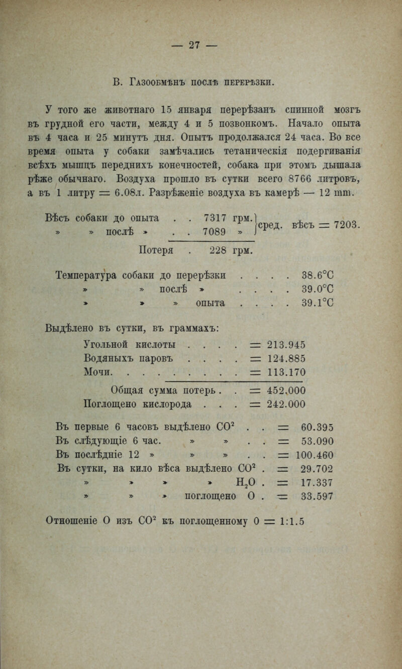 В. Газообмѣнъ послѣ перерѣзки. у того же животнаго 15 января перерѣзанъ спинной мозгъ въ грудной его части, между 4 и 5 позвонкомъ. Начало опыта въ 4 часа и 25 минутъ дня. Опытъ продолжался 24 часа. Во все время опыта у собаки замѣчались тетаническія подергиванія всѣхъ мышцъ переднихъ конечностей, собака при этомъ дышала рѣже обычнаго. Воздуха прошло въ сутки всего 8766 литровъ, а въ 1 литру = 6.08л. Разрѣженіе воздуха въ камерѣ — 12 тт. Вѣсъ собаки до опыта » » послѣ » вѣсъ = 7203. Потеря 228 грм. Температура собаки до перерѣзки » » послѣ » 38.6 39.0* 39.Г опыта Выдѣлено въ сутки, въ граммахъ: Угольной кислоты Водяныхъ паровъ Мочи = 213.945 = 124.885 = 113.170 Общая сумма потерь . Поглош,ено кислорода . . 452,000 242.000 Въ первые 6 часовъ выдѣлено СО^ . Въ слѣдующіе 6 час. » * := 60.395 = 53.090 100.460 = 29.702 = 17.337 — 33.597 Въ послѣдніе 12 » » » Въ сутки, на кило вѣса выдѣлено СО'^ Я,0 » X. » поглопі;ено О Отношеніе О изъ СО^ къ поглопоенному О і= 1:1.5