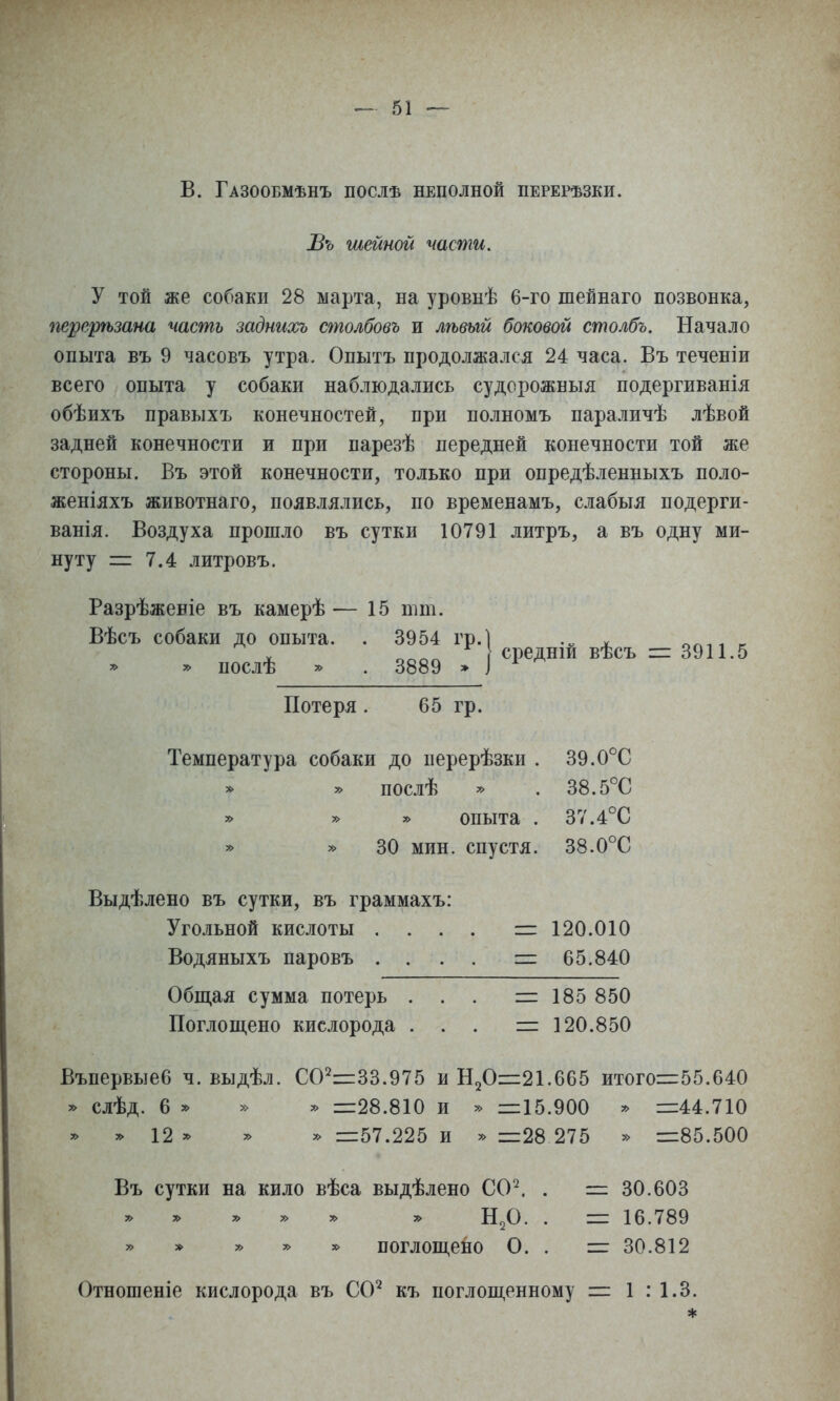 в. Газообмѣнъ послѣ неполной перерѣзки. Въ шейной части, У той же собаки 28 марта, на уровнѣ 6-го шейнаго позвонка, перерѣзана часть заднихъ столбовъ и лѣвый боковой столбъ. Начало опыта въ 9 часоБъ утра. Опытъ продолжался 24 часа. Въ теченіи всего опыта у собаки наблюдались судорожныя подергиванія обѣихъ правыхъ конечностей, при полномъ параличѣ лѣвой задней конечности и при парезѣ передней конечности той же стороны. Въ этой конечности, только при опредѣленныхъ поло- женіяхъ животнаго, появлялись, по временамъ, слабыя подерги- ванія. Воздуха прошло въ сутки 10791 литръ, а въ одну ми- нуту = 7.4 литровъ. Разрѣжевіе въ камерѣ— 15 пші. Вѣсъ собаки до опыта. . 3954 гр.| ^^^^ ^ 33^^ 5 » послѣ » . 3889 > ] ^ Потеря . 65 гр. Температура собаки до перерѣзки . 39.0°С послѣ ^ , 38.5°С » » » опыта . 37.4°С 30 мин. спустя. 38.0°С Выдѣлено въ сутки, въ граммахъ: Угольной кислоты .... г= 120.010 Водяныхъ паровъ .... =: 65.840 Общая сумма потерь ... і= 185 850 Поглощено кислорода ... — 120.850 Въпервыеб ч. выдѣл. СО^=33.975 и Н20=21.665 итого:=55.640 у> слѣд. 6 » » » =:28.810 и » =:15.900 у> =44.710 ^12^ у> » =57.225 и =:28 275 » =85.500 Въ сутки на кило вѣса выдѣлено СО^. . = 30.603 Н2О. . = 16.789 » * » » поглощено О. . = 30.812 Отношеніе кислорода въ СО^ къ поглощенному = 1 : 1.3.