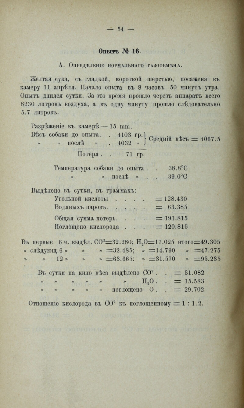 Опытъ ]^ 16. А. ОПРЕДѢЛЕНІЕ НОРМАЛЬНАГО ГАЗООБМѢНА. Желтая сука, съ гладкой, короткой шерстью, посажена въ камеру 11 апрѣля. Начало опыта въ 8 часовъ 50 минутъ утра. Опытъ длился сутки. За это время прошло черезъ аппаратъ всего 8230 литровъ воздуха, а въ одну минуту прошло слѣдовательно 5.7 литровъ. Разрѣженіе въ камерѣ—15 тт. Вѣсъ собаки до опыта. . 4103 гр.І ^ ѵ V ,^оп Средній вѣсъ =1 4067.5 » » послѣ » . 4032 » ) Потеря. . 71 гр. Температура собаки до опыта . . 38.8^С ^ послѣ » . . 39.0°С Выдѣлено въ сутки, въ граммахъ: Угольной кислоты .... = 128.430 Водяныхъ паровъ. . , . . = 63.385 Общая сумма потерь. ... = 191.815 Поглощено кислорода . . . =120.815 Въ первые 6 ч. выдѣл. СО-=і:32.280; Н2О=17.025 итого=49.305 ^ слѣдующ.6 » » * =32.485; ^=14.790 » =47.275 » 12'> х> » =63.665: » =31.570 » =95.235 Въ сутки на кило вѣса выдѣлено СО*^ . . = 31.082 » =^ » » ^ Н^О . . = 15.583 » » » » » поглощено О . . = 29.702 Отношеніе кислорода въ С0~ къ поглощенному = 1 : 1.2.