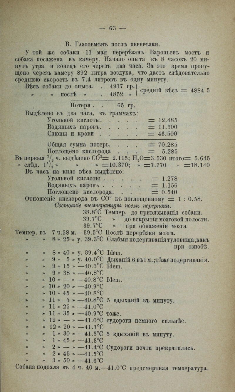 в. Газообмѣнъ послѣ перерѣзки. у той же собаки 11 мая перерѣзанъ Варольевъ мостъ и собака посажена въ камеру. Начало опыта въ 8 часовъ 20 мп- нутъ утра и конецъ его черезъ два часа. За это время пропу- щено черезъ камеру 892 литра воздуха, что даетъ слѣдовательно среднюю скорость въ 7.4 лптровъ въ одну мпнуту. Вѣсъ собакп до опыта. . 4917 гр.1 ... ѵ ^ . .о^о среднш вѣсъ = 4884.5 48о2 » і послѣ Потеря . . 65 гр. Выдѣлено въ два часа, въ граммахъ: Угольной кислоты =12.485 Водяныхъ паровъ — 11.300 Слюны и крови =: 46.500 (Збщая сумма потерь. ... =і 70.285 Поглощено кислорода . . . = 5.285 Въпервыя 7з ^- выдѣлено СО^I= 2.115; Н^Оі^З.бЗО птого=: 5.645 ^ слѣд. іУз» » ^ =10.370; » =7.770 » =18.140 Въ часъ на кило вѣса выдѣлено: Угольной кислоты =1.278 Водяныхъ паровъ =1.156 Поглощено кислорода. ... = 0.540 Отношеніе кислорода въ СО^ къ поглощенному = 1 : 0.58. Состоите температуры послѣ перерѣзки. 38.8°С Темпер, до привязыванія собаки. 39,7°С » до вскрытіямозговой полости. 39.7''С у> при обнаженіи мозга Темпер, въ 7 ч.58 м.—39.5°С ІІослѣ перерѣзки мозга. » » 8 » 25 » у. 39.3°С Слабыя подергнваніятуловища,какъ при ознобѣ. » 8 » 40 » у. 39.4°С Мет. » 9» 5 » у. 40.0°С Дыханій 6въ1м.;тѣжеподергиванія. ^ 9 15 » _40.3°С Мет. » 9 » 38 —40.8°С » 10 ^ — » —40.8°С Меш. 10 » 20 » —40.9°С » 10 45 » —40.8°С » » 11 » 5 » —40.8^С 5 вдыханій въ минуту. » 11 * 25 » —41.0°С » 11 35 » —40.9Т тоже. » » 12 » — » —41.0°С судороги немного сильнѣе. ^ 12 * 20 » —41.1''С •» у> 1 » 30 » —41.3°С 5 вдыханій въ минуту. » 1 45 » _4і.з°С у> 2 » — » —41.4°С Судороги почти прекратились. . 2 » 45 —41.5°С » 3 ^ 50 * —41.6°С Собака подохла въ 4 ч. 40 м.—^І.О^^С предсмертная температура.