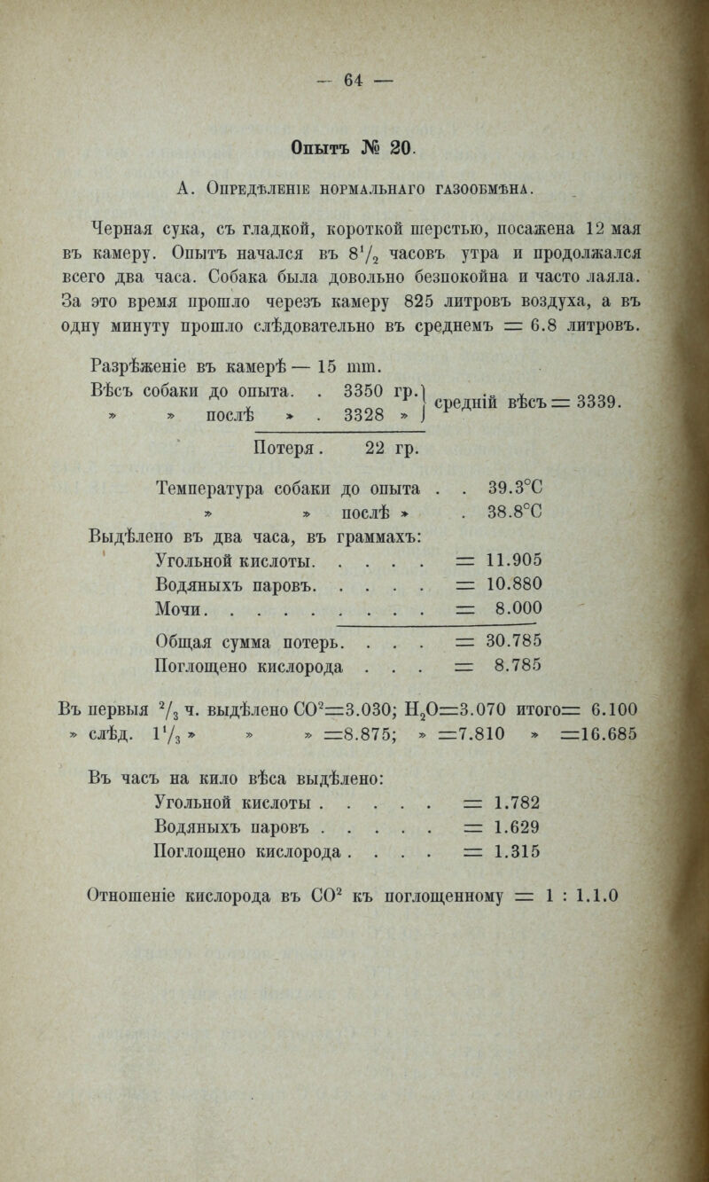 Опытъ № 20. А. ОПРЕДѢЛВНІЕ НОРМАЛЬНАГО ГАЗООБМѢНА. Черная сука, съ гладкой, короткой шерстью, посажена 12 мая въ камеру. Опытъ начался въ ^асовъ утра и продолжался всего два часа. Собака была довольно безпокойна и часто лаяла. За это время прошло черезъ камеру 825 литровъ воздуха, а въ одну минуту прошло слѣдовательно въ среднемъ =6.8 литровъ. Разрѣженіе въ камерѣ— 15 тт. Вѣсъ собаки до опыта. . 3350 гр. » » послѣ » . 3328 у> Потеря. 22 гр. Температура собаки до опыта » » послѣ » Выдѣлено въ два часа, въ граммахъ: Угольной кислоты. . . Водяныхъ паровъ. . . Мочи Обиі,ая сумма потерь. . Поглощено кислорода . Въ первыя ^/з ч. выдѣлено СО^і^іЗ.ОЗО » слѣд. Г/з » » » =8.875 средній вѣсътЗЗЗЭ. 39.3°С 38.8°С 11.905 10.880 8.000 30.785 8.785 Н2О=:3.070 итого у> =:7.810 » 6.100 =16.685 Въ часъ на кило вѣса выдѣлено: Угольной кислоты . . . Водяныхъ паровъ . . Поглощено кислорода . . = 1.782 = 1.629 — 1.315 Отношеніе кислорода въ СО^ къ поглощенному ш 1 : 1.1.0