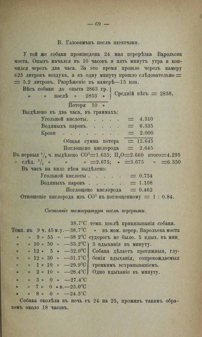 в. Газообмѣнъ послѣ перерѣзки. у той же собаки произведена 24 мая перерѣзка Варольева моста. Опытъ начался въ 10 часовъ и пять минутъ утра и кон- чился черезъ два часа. За это время прошло черезъ камеру 625 литровъ воздуха, а въ одну минуту прошло слѣдовательно = — 5.2 литровъ. Разрѣженіе въ камерѣ—15 тт. Вѣсъ собаки до опыта 2863 гр. ] . послѣ » 2853 > I СРад^ій вѣсъ = 2858. Потеря 10 » Выдѣлено въ два часа, въ граммахъ: Угольной кислоты = 4.310 Водяныхъ паровъ = 6.335 Крови иг 2.000 Общая сумма потерь = 12.645 Поглош,ено кислорода =: 2.645 Въ первыя Ѵе ч. выдѣлено СО^=1.635; НзО^г.ббО итого=:4.295 слѣд. 'І^ » у> ^ =2.675; » =3.675 » =6.350 Въ часъ на кило вѣса выдѣлено: Угольной кислоты =0.754 Водяныхъ паровъ . . . . . =1.108 Поглош,ено кислорода = 0.462 Отношеніе кислорода изъ СО^ къ поглощенному = 1 : 0.84. Состояніе температуры поелѣ перерѣзки. 38.7°С темп, послѣ привязыванія собаки. Темп, въ 9ч. 45 м.у. —38.7°С » въ мом. перер. Варольева моста 9 » 55 » —38 2°С судорогъ не было. 5 в дых. въ мин. » » 10 » 50 » —33.2°С^ 3 вдыханія въ минуту. 12 » 5 » —32.0°С Собака дѣлаетъ протяжныя, глу- » 12 » 30 » —31.1°С • бокія вдыханія, сопровождаемыя » 1 » 10 » —29.9°С громкимъ всхрапываніемъ. » 2 ^ 10 » —28.4°С Одно вдыханіе въ минуту. 3 » 0 > ~27.4°С » 7 » 0 »в. —25.0°С » » 8 » 0 —24.5°С Собака околѣла въ ночь съ 24 на 25, проживъ такимъ обра- зомъ около 18 часовъ.