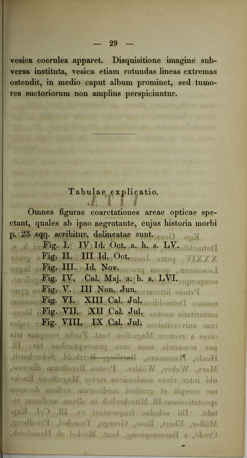 vesica coerulea apparet. Disquisitione imagine sub- versa instituta, vesica etiam rotundas lineas extremas ostendit, in medio caput album prominet, sed tumo- res suctoriorum non amplius perspiciuntur. ■ J' Tabulae explicatio. Omnes figurae coarctationes areae opticae spe- ctant, quales ab ipso aegrotante, cujus historia morbi p. 23 sqq. scribitur, delineatae sunt. ,j Fig. I. IV Id. Oct. a. h. s. LV. : Fig. II. III Id. Oct. Fig. III. Id. Nov. Fig. IV. Cal. Maj. a. h. s. LYI. Fig. V. III Non. Jun. Fig. VI. XIII Cal. Jul. Fig. VII. XII Cal. Jul. Fig. VIII. IX Cal. Jul, l . 1. ijj ■i; . • ■