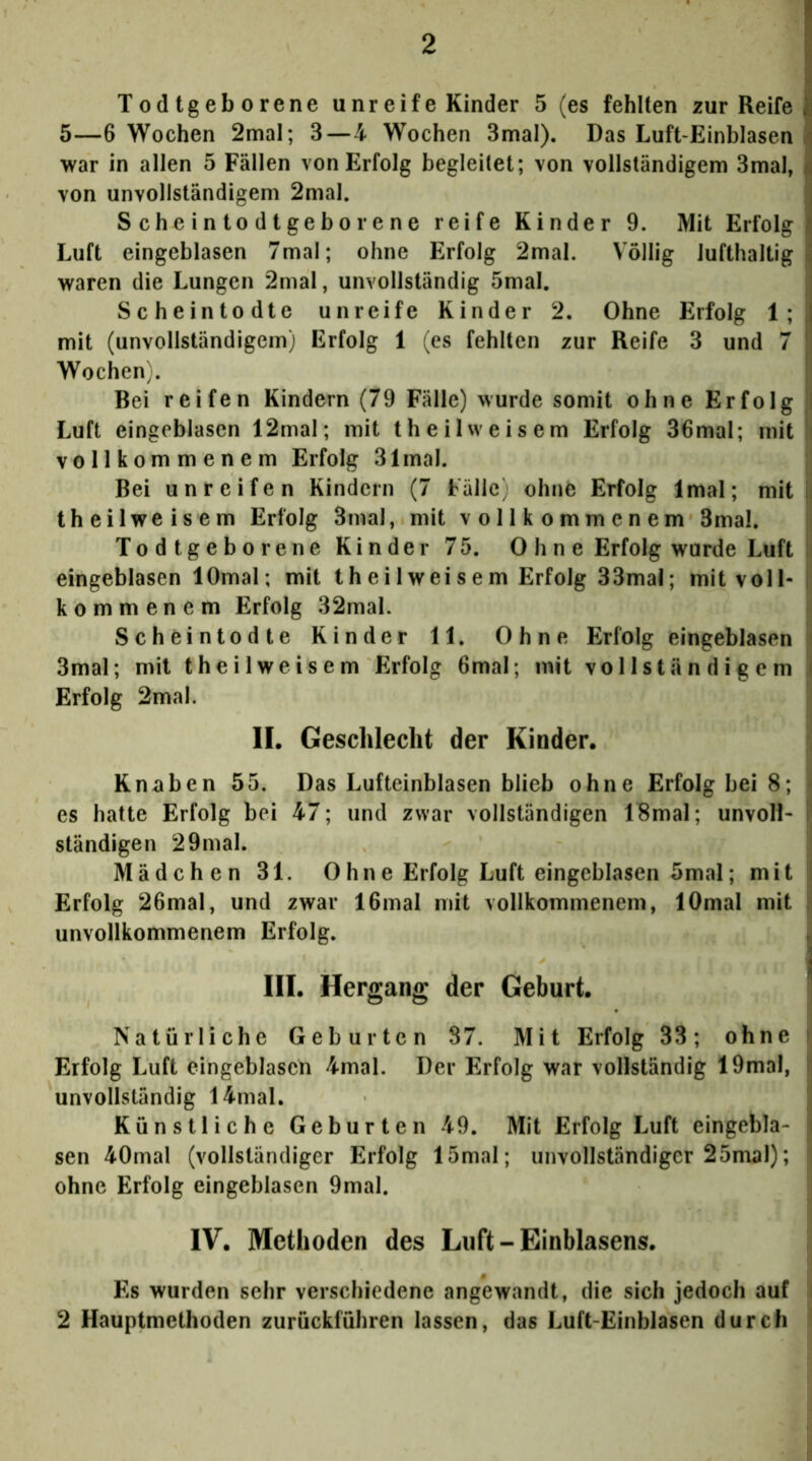 Todtgeborene unreife Kinder 5 (es fehlten 2ur Reife 5—6 Wochen 2mal; 3—4 Wochen 3mal). Das Luft-Einblasen war in allen 5 Fällen von Erfolg begleitet; von vollständigem 3mal, von unvollständigem 2mal. Scheintodtgeborene reife Kinder 9. Mit Erfolg Luft eingeblasen 7mal; ohne Erfolg 2mal. Völlig lufthaltig waren die Lungen 2mal, unvollständig 5mal. I Scheintodte unreife Kinder 2. Ohne Erfolg 1; mit (unvollständigem) Erfolg 1 (es fehlten zur Reife 3 und 7 Wochen). Rei reifen Kindern (79 Fälle) wurde somit ohne Erfolg I Luft eingeblasen 12mal; mit theilweisem Erfolg 36mal; mit It vollkommenem Erfolg 31mal. |i Bei unreifen Kindern (7 Fälle) ohne Erfolg Imal; mit ii theilweisem Erfolg 3mal, mit vollkommenem 3mal, Todtgeborene Kinder 75. 0 h n e Erfolg wurde Luft ii eingeblasen lOmal; mit theilweisem Erfolg 33mal; mit voll- I kommenem Erfolg 32mal. Scheintodte Kinder 11. Ohne Erfolg eingeblasen i 3mal; mit theilweisem Erfolg 6mal; mit vollständigem j Erfolg 2mal. I II. Geschlecht der Kinder. Knaben 55. Das Lufteinblasen blieb ohne Erfolg bei 8; * es hatte Erfolg bei 47; und zwar vollständigen 18mal; unvoH- I ständigen 29mal. Mädchen 31. 0hne Erfolg Luft eingeblasen 5mal; mit Erfolg 26mal, und zwar 16mal mit vollkommenem, lOmal mit i unvollkommenem Erfolg. ^ III. Hergang der Geburt. I Natürliche Geburten 37. Mit Erfolg 33; ohne f Erfolg Luft eingeblascn 4mal. Der Erfolg war vollständig 19mal, I unvollständig 14mal. ! Künstliche Geburten 49. Mit Erfolg Luft eingebla- j sen 40mal (vollständiger Erfolg 15mal; unvollständiger 25mal); ohne Erfolg eingeblasen 9mal. IV. Methoden des Luft - Einblasens. Es wurden sehr verschiedene angewandt, die sich jedoch auf i 2 Hauptmethoden zurückführen lassen, das Luft-Einblasen durch ^