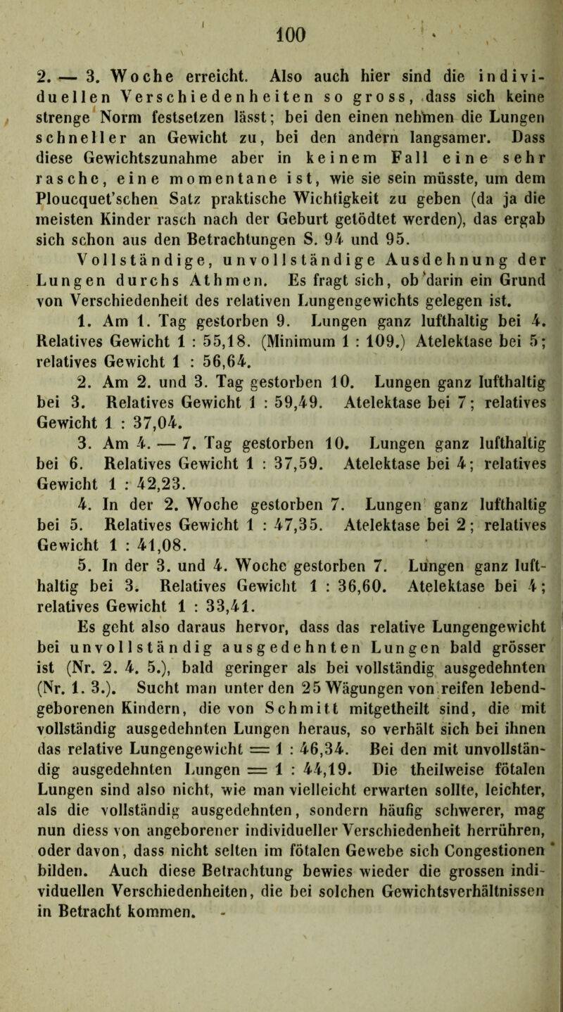 2.— 3. Woche erreicht. Also auch hier sind die indivi- duellen Verschiedenheiten so gross, dass sich keine strenge*Norm festsetzen lässt; bei den einen nehmen die Lungen schneller an Gewicht zu, bei den andern langsamer. Dass diese Gewichtszunahme aber in keinem Fall eine sehr rasche, eine momentane ist, wie sie sein müsste, um dem Ploucquet’schen Satz praktische Wichtigkeit zu geben (da ja die meisten Kinder rasch nach der Geburt getödtet werden), das ergab sich schon aus den Betrachtungen S. 94 und 95. Vollständige, unvollständige Ausdehnung der Lungen durchs Athmen. Es fragt sich, ob Marin ein Grund von Verschiedenheit des relativen Lungengewichts gelegen ist. 1. Am 1. Tag gestorben 9. Lungen ganz lufthaltig bei 4, Relatives Gewicht 1 : 55,18. (Minimum 1 : 109.) Atelektase bei 5; relatives Gewicht 1 : 56,64, 2. Am 2. und 3. Tag gestorben 10. Lungen ganz lufthaltig bei 3. Relatives Gewicht 1 : 59,49. Atelektase bei 7; relatives Gewicht 1 : 37,04. 3. Am 4. — 7. Tag gestorben 10. Lungen ganz lufthaltig bei 6. Relatives Gewicht 1 : 37,59. Atelektase bei 4; relatives Gewicht 1 ; 42,23. 4. In der 2. Woche gestorben 7. Lungen ganz lufthaltig bei 5. Relatives Gewicht 1 : 47,35. Atelektase bei 2; relatives Gewicht 1 : 41,08. 5. In der 3. und 4. Woche gestorben 7. Lungen ganz luft- haltig bei 3. Relatives Gewicht 1 : 36,60. Atelektase bei 4; relatives Gewicht 1 : 33,41. Es geht also daraus hervor, dass das relative Lungengewicht bei unvollständig ausgedehnten Lungen bald grösser ist (Nr. 2. 4. 5.), bald geringer als bei vollständig ausgedehnten (Nr. 1. 3.). Sucht man unter den 25 Wägungen von reifen lebend- geborenen Kindern, die von Schmitt mitgetheilt sind, die mit vollständig ausgedehnten Lungen heraus, so verhält sich bei ihnen das relative Lungengewicht = 1 : 46,34. Bei den mit unvollstän- dig ausgedehnten Lungen = 1 : 44,19. Die theilweise fötalen Lungen sind also nicht, wie man vielleicht erwarten sollte, leichter, als die vollständig ausgedehnten, sondern häuög schwerer, mag nun diess von angeborener individueller Verschiedenheit herrühren, oder davon, dass nicht selten im fötalen Gewebe sich Congestionen * bilden. Auch diese Betrachtung bewies wieder die grossen indi- viduellen Verschiedenheiten, die bei solchen Gewichtsverhältnissen in Betracht kommen.