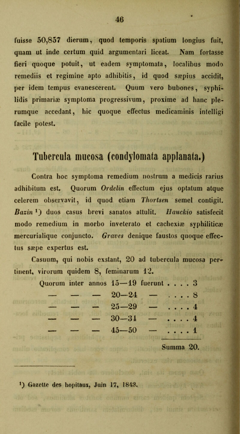 fuisse 50,857 dierum, quod temporis spatium longius fuit, quam ut inde certum quid argumentari liceat. Nam fortasse fieri quoque potuit, ut eadem symptomata, localibus modo remediis et regimine apto adhibitis, id quod saepius accidit, per idem tempus evanescerent. Quum vero bubones, syphi- lidis primariae symptoma progressivum, proxime ad hanc ple- rumque accedant, hic quoque effectus medicaminis inleliigi facile potest. Tubercula mucosa (condylomata applanata.) Contra hoc symptoma remedium nostrum a medicis rarius adhibitum est. Quorum Ordelin efTectum ejus optatum atque celerem observavit, id quod etiam Thortsen semel contigit. Bazin duos casus brevi sanatos attulit. Uauckio satisfecit modo remedium in morbo inveterato et cachexiae syphiliticae mercurialique conjuncto. Graves denique faustos quoque effec- tus saepe expertus est. Casuum, qui nobis exstant, 20 ad tubercula mucosa per-»- tinent, virorum quidem 8, feminarum 12. Quorum inter annos 15—19 fuerunt .... 3 — — — 20—24 — .... 8 — — - 25—29 — .... 4 — — — 30—31 — .... 4 — — — 45—50 — .... 1 Summa 20.