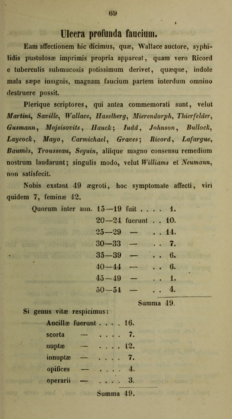 Ulcera profunda faucium Eam affectionem hic dicimus, quae, Wallace auctore, syphi- lidis pustulosae imprimis propria appareat, quam vero Ricord e tuberculis submucosis potissimum derivet, quaeque, indole mala saepe insignis, magnam faucium partem interdum omnino destruere possit. Plerique scriptores, qui antea commemorati sunt, velut Martini, Saville, Wallace, Haselberg, Mierendorph, Thierfelder, Gusmann, Mojsisovits, Hauck; ludd, Johnson, BullocJc, Laycock, Mayo, Carmichael, Graves• Ricord, Lafargue, Baumes, Trousseau, Seguin, aliique magno consensu remedium nostrum laudarunt; singulis modo, velut JT7i//iams et Neumann, non satisfecit. Nobis exstant 49 aegroti, hoc symptomate affecti, viri quidem 7, feminae 42. Quorum inter ann. 15—19 fuit .... 1. 20—24 fuerunt 10. 14. 7. 6* 6. 1. 4. 25—29 — 30—33 — 35—39 — 40-44 — 45—49 - 50—54 — Summa 49. Si genus vitae respicimus Ancillae fuerunt scorta — nuptae — innuptae — opifices — operarii 16. 7. 12. 7. 4. 3. Summa 49