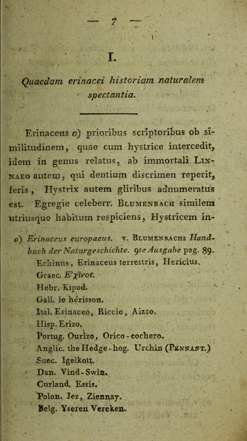 • - ■ ■. . v . \ I. Quaedam erinacei historiam naturalem spectantia. Erinaceus d) prioribus scriptoribus ob si- militudinem, quae cum hystrice intercedit, idem in genus relatus, ab immortali Lut- naeo autem, qui dentium discrimen reperit, feris , Hystrix autem gliribus adnumeratus est. Egregie celeberr. Blumenbach similem utriusque habitum respiciens, Hystricem in- o) Erinaceus europaeus. v. Blumenbachs Hand- buch der Naturgeschichte. gteAusgabe pag. 8<b Echinus , Erinaceus terrestris, Hericius» Graec. E^ivoS. Hebr. Kipod. Gali. ie herisson. Ital. Erinaceo, Riccio, Aizzo. Hisp. Erizo. Portug. Ourizo, Orico - cochcro. Anglic. theHedge-hog. Urchin (Pennaut.) Suec. Igelkott. Dan. Vind-Swin. Curland. Essis. fpolon. Jez, Ziennay. Belg. Ysereii Vereken.