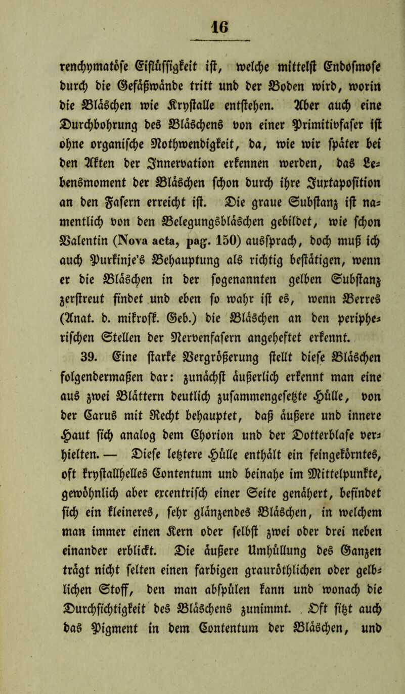 renchpmatbfe ©iflüffigfeit ift, welche mittelß ©nbüfmofe burch bte ©efdßwdnbe tritt unb ber Boben wirb, worin bte Blasen wie ÄrpffaUe entfielen. Uber auch eine Surchbobtung be§ SSta§d^ett§ bon einer $Primitibfafet ifl of;ne organifdje Stothwenbigfeit, ba, wie wir fpater bei ben 2lften ber Snnerbation erfennen werben, ba$ Sa benSmoment ber BlaSchen fefjon burd) ifjre Surtapofttion an ben Wafern erreicht ifl. 35ie graue ©ubjianj ifl na* mentlich bon ben BelegungSblaScben gebtlbef, wie fdwn Balentin (Nova acta, pag. 150) au$fprach, hoch muß ich auch 9)urfinje’§ Behauptung als richtig betätigen, wenn er bie Buchen in ber fogenannfen gelben ©ubfianj jerfireut finbet unb eben fo wahr ift e§, wenn BerreS (3Cnat. b. mifroff. ©eb.) bie BldSchen an ben periphe* rifchen ©teilen ber Sierbenfafern angeheftet erfennt. 39. ©ine flarfe Bergroßerung flellt biefe Blae» eben folgenbermaßen bar: junachft äußerlich erfennt man eine au§ jwei Blattern beutlicb jufammengefehte $ülle, bon ber ©aru§ mit Siecht behauptet, baß äußere unb innere 4>aut fich analog bem ©borion unb ber ©otterblafe ber* hielten. — 25iefe ledere ^)ülle enthalt ein feingeförnteS, oft frpftaEhcßcS ©ontentum unb beinahe im SDiittelpunfte, gewöhnlich aber ercentrifd) einer ©eite genähert, beftnbet fich ein fleinereä, fehr gldnjenbeS Blaöchen, in weitem man immer einen dtern ober felbfl jwei ober brei neben einanber erblicft. £>ie äußere Umhüllung be§ ©anjett tragt nid>t feiten einen farbigen graurbthlidjen ober gelb* liehen ©toff, ben man abfpulen fann unb wonach bie ©uvchftchtigfeit be§ BlaScbenS junimmt. . £>ft ft£t auch ba§ Pigment in bem ©ontentum ber Blasen, unb