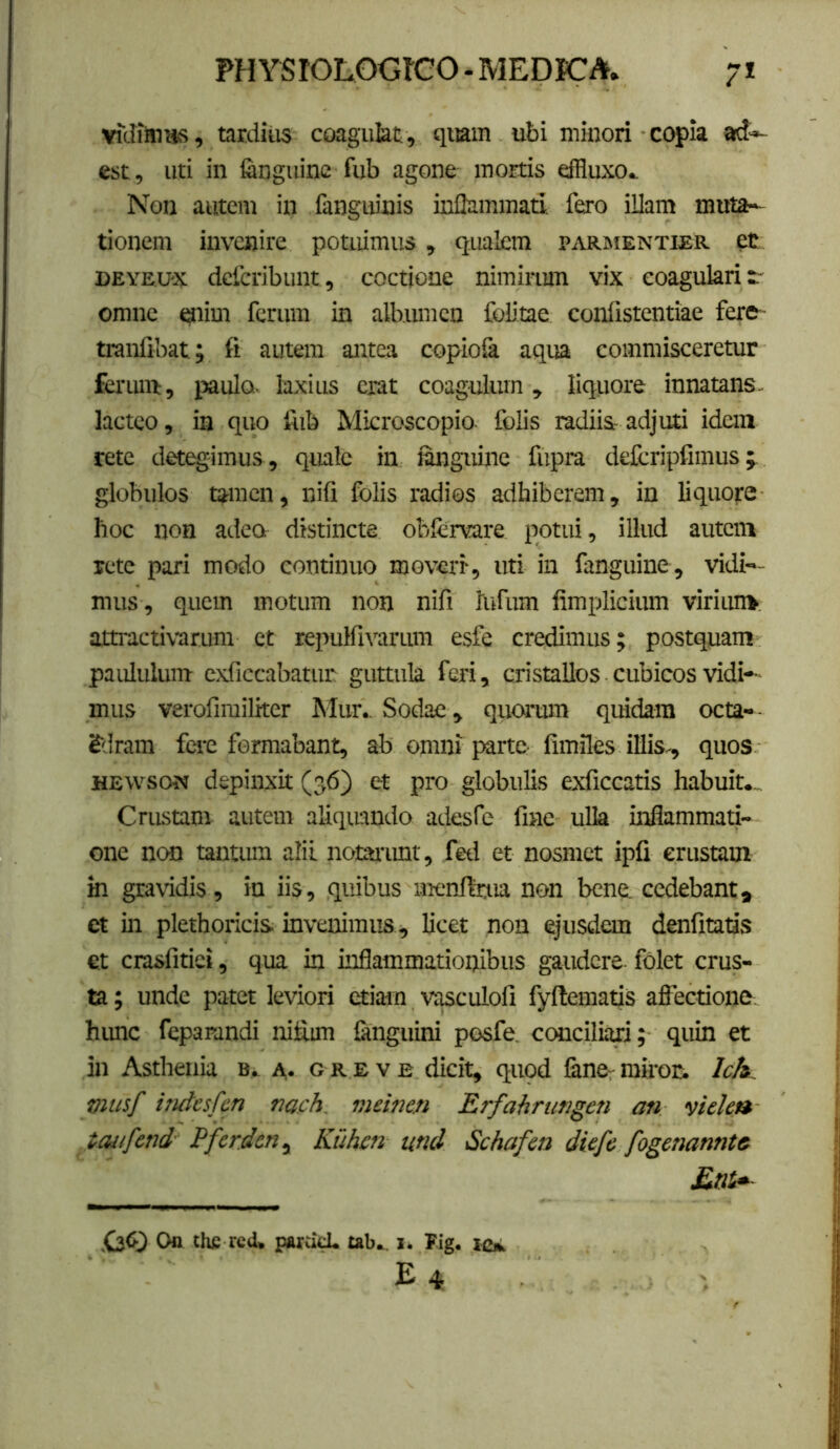 Yidiiniiis, tmliiis coagulat, qmm ubi minori copia adk est, uti in finguine fijb agone mortis effluxo* Non autem in fanguinis inflammati, fero flJam muta- tionem invenire potuimus, qualem parmentier et DEYE.UX. deferibunt, coctione nimiriun vix coagulari t- omne ^im ferum in albumen foUtae confistentiae fert tranfibat; fi autem aittea copiofa aqua commisceretur ferum, paulo, laxius erat coagulum, liquore innatans, lacteo, in quo fub Microscopio. folis radiis-adjuti idem rete detegimus , quale in ianguine fupra defcripfimus; globulos tamen, nifi folis radios adhiberem, in liquore hoc non adeo distincte obfervare potui, illud autem rete pari modo continuo moveri-, uti in fanguine, vidi-- mus, quem motum non nifi lufum fimpliciiun viriui». attractivarum et repulfivarum esfe credimus; postquam paululum exficcabatur guttula feri, cristallos cubicos vidi**-- mus verofirailker Mur., Sodae , quorum quidam octa- - gilram fere formabant, ab omnf parte- fimiles illis., quos HEwsoN depinxit (36) et pro globulis exficcatis habuit.,. Crustam autem aliquando adesfe fine ulla inflammati- one non tantum alii notarimt, feti et nosmet ipfi crustam in gravidis, in iis, quibus uienficua non bene, cedebant, et in plethoricis invenimus , licet non ejusdem denfitatis et crasfitiei, qua in inflammationibus gaudere, folet crus- ta ; unde patet leviori etiam vt^culofi fyftematis afiectione. himc feparandi nifiun languini posfe, ccmciliari; quin et in Asthenia a- g r evb dicit, qupd fane-rairor; Ich. mttsf indesfen nach. nieinen Erfahrungen an viele» taufend Pferden^ Kilhen und Schafen diefe fogenannta £ai*- Qfi) Ofl the red» para‘^ taba. !• Fig. icii E 4