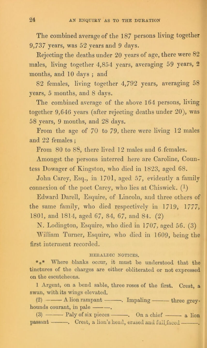 The combined average of the 187 persons living together 9,737 years, was 52 years and 9 days. Rejecting the deaths under 20 years of age, there were 82 males, living together 4,854 years, averaging 59 years, 2 months, and 10 days ; and 82 females, living together 4,792 years, averaging 58 years, 5 months, and 8 days. The combined average of the above 164 persons, living together 9,646 years (after rejecting deaths under 20), was 58 years, 9 months, and 28 days. From the age of 70 to 79, there were living 12 males and 22 females; From 80 to 88, there lived 12 males and 6 females. Amongst the persons interred here are Caroline, Coun- tess Dowager of Kingston, who died in 1823, aged 68. John Carey, Esq., in 1701, aged 57, evidently a family connexion of the poet Carey, who lies at Chiswick. (1) Edward Darell, Esquire, of Lincoln, and three others of the same family, who died respectively in 1719, 1777, 1801, and 1814, aged 67, 84, 67, and 84. (2) N. Lodington, Esquire, who died in 1707, aged 56. (3) William Turner, Esquire, who died in 1609, being the first interment recorded. HERALDIC NOTICES. Where iblanks occur, it must be understood that the tinctures of the charges are either obliterated or not expressed on the escutcheons. 1 Argent, on a bend sable, three roses of the first. Crest, a swan, with its wings elevated. (2) A lion rampant , Impaling three grey- hounds courant, in pale . (3) Paly of six pieces . On a chief a lion passant . Crest, a lion’s head, erased and falffaced .