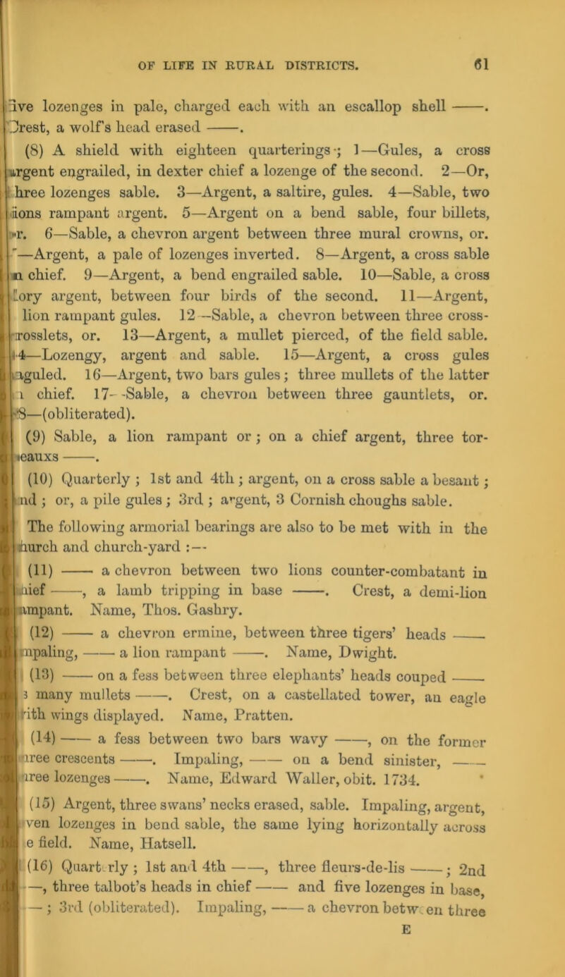 3ve lozenges in pale, charged each with an escallop shell . '!]!rest, a wolf s head erased . ' (8) A shield with eighteen quarterings •; 1—Gules, a cross I sirgent engrailed, in dexter chief a lozenge of the second. 2—Or, hree lozenges sable. 3—Argent, a saltire, gules. 4—Sable, two I dons rampant argent. 5—Argent on a bend sable, four billets, r»r. 6—Sable, a chevron argent between three mural crowns, or. '—Argent, a pale of lozenges inverted. 8—Argent, a cross sable ! n chief. 9—Argent, a bend engrailed sable. 10—Sable, a cross lory argent, between four birds of the second. 11—Argent, lion rampant gules. 12—Sable, a chevron between three cross- s-TOsslets, or. 13—Argent, a mullet pierced, of the field sable. 1-4—Lozengy, argent and sable. 15—Argent, a cross gules : aguled. 16—Argent, two bars gules; three mullets of the latter a chief. 17--Sable, a chevron between three gauntlets, or. •■8—(obliterated). (9) Sable, a lion rampant or; on a chief argent, three tor- leauxs . (10) Quarterly ; 1st and 4th; argent, on a cross sable a besaut; nd ; or, a pile gules; 3rd ; argent, 3 Cornish choughs sable. The following armorial bearings are also to be met with in the nurch and church-yard : — (11) a chevron between two lions counter-combatant in uiief , a lamb tripping in base . Crest, a demi-lion iimpant. Name, Thos. Gashry. (12) a chevron ermine, between three tigers’ heads Impaling, a lion rampant . Name, Dwight. (13) on a fess between three elephants’ heads couped 3 many mullets . Crest, on a castellated tower, an eagle [rith wings displayed. Name, Pratten. (14) a fess between two bars wavy , on the former I'lree crescents . Impaling, —— on a bend sinister, I'iree lozenges . Name, Edward Waller, obit. 1734. (15) Argent, three swans’necks erased, sable. Impaling, argent. Liven lozenges in bend sable, the same lying horizontally across e field. Name, Hatsell. (16) Quart-.rly ; 1st and 4tb , three fleurs-de-lis ; 2nd —, three talbot’s heads in chief and five lozenges in base, — ; 3rd (obliterated). Impaling, a chevron between three E