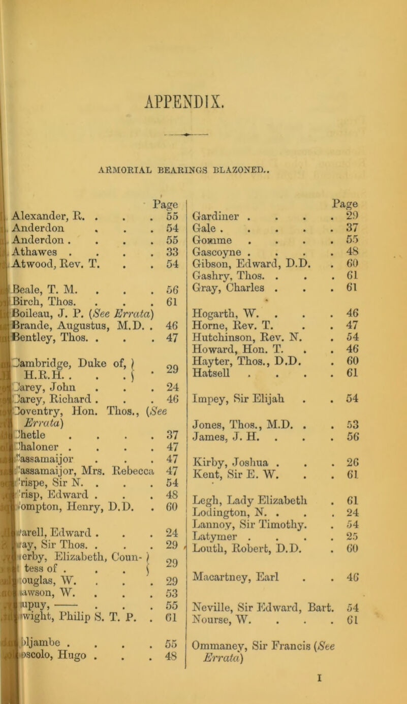 APPENDIX. ARMORIAL BEARINGS BLAZONED,. Alexander, E,. . Anderdon Auderdon . Athawes . Atwood, Rev. T. Page . 55 . 54 . 55 . 33 . 54 -Beale, T, M. . . . 56 Birch, Thos. . . .61 Boileau, J. P. {See Errata) Brande, Augustus, M.D. . 46 Bentley, Thos. . . .47 ]Iambridge, Duke of, ] H.R.H. . . . i I)arey, John Jarey, Richard . Coventry, Hon. Thos., {See Errata) -Jhetle .... rihaloner .... aasamaijor ’assamaijor, Mrs. Rebecca kispe. Sir N. . risi), Edward . •ompton, Henry, D.U. 29 24 46 37 47 47 47 54 48 60 c'arell, Edward . ay, Sir Thos. . erby, Elizabeth, Coun- \ tess of . -.ouglas, W. lawson, W. lupuy, . •wight, Philip S. T. P, 24 29 29 29 53 55 G1 !)ljambe . •oscolo, Hugo . 48 Gardiner . Page . 29 Gale .... • 37 Gomme • 55 Gascoyne . • 48 Gibson, Edward, D.D. 60 Gashry, Thos. . • 61 Gray, Charles . • 61 Hogarth, W. • 46 Horne, Rev. T. t 47 Hutchinson, Rev. N. • 54 Howard, Hon. T. . • 46 Hay ter, Thos., D.D. • 60 Hatsell • 61 Impey, Sir Elijah • 54 Jones, Thos., M.D. . • 53 James, J. H. . • 56 Kirby, Joshua . 26 Kent, Sir E. W. • 61 Legh, Lady Elizabeth 61 Lodington, N. . 24 Lannoy, Sir Timothy. a 54 Latymer . a 25 Louth, Robert, D.D. • 60 Macartney, Earl • 46 Neville, Sir Edward, Bart. 54 Nourse, W. • 61 Ommaney, Sir Francis {See Errata)