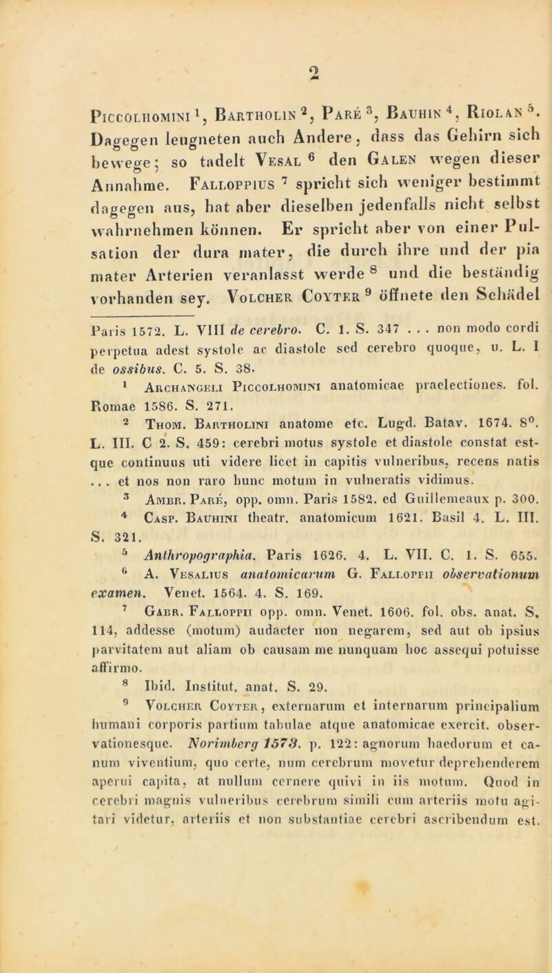 Piccolhomini l, Bartholin 2, Rare Bauhin 4, Riolan Dagegen leugneten auch Andere . dass das Gehirn sich bewege5 so tadelt Vesal 6 den Galen wegen dieser Annahme. Falloppius 7 spricht sich weniger bestimmt dagegen aus, hat aber dieselben jedenfalls nicht selbst 8 8 ' - wahrnehmen können. Er spricht aber von einer 1 ul- sation der dura mater, die durch ihre und der pia mater Arterien veranlasst werde 8 und die beständig vorhanden sey. Volcher Coytf.r 9 öffnete den Schädel Paris 1572. L. VIII de cerebro. C. 1. S. 347 ... non modo cordi perpetua adcst systole ac diastole scd cerebro quoque, u. L. 1 de ossibus. C. 5. S. 38. 1 Aiichangkli Piccolhomini anatomicae praelectiones. fol. Romae 1586. S. 271. 2 Thom. Bartholini anatome etc. Lugd. Batav. 1674. 8°. L. III. C 2. S. 459: cerebri motns systole et diastole constat est- que continuus uti videre licet in capitis vulneribus, recens natis ...et 110s non raro hunc niotum in vulneratis vidimus. 3 Ambr. Pake, opp. omn. Paris 1582. ed Guillemeaux p. 300. 4 Casp. Bauhini tbeatr. anatomicum 1621. Basil 4. L. III. S. 321. 5 Anlhropographia. Paris 1626. 4. L. VII. C. 1. S. 655. 6 A. Vesakius anatomicarum G. Fallopfii observatiomim cxamen. Venet. 1564. 4. S. 169. 7 Gabr. Fabboppii opp. omn. Venet. 1606. fol. obs. anat. S. 114, addesse (motum) audacter non negarem, sed aut ob ipsius parvitatem aut aliam ob causam nie nunquam hoc assequi potuisse affirmo. 8 Ibid. Institut, anat. S. 29. n Volcher Coyter, externarum et internarum principalium humani corporis partium tabulae atque anatomicae exercit. obser- vationesque. Norimberg 1573. p. 122: agnorum liaedorum et ca- lluni viventium, quo certe, num cercbrum movetur deprehenderem aperui caj)ita, at nullum cernere quivi in iis motum, Quod in cerebri magnis vulneribus ccrebrum simili cum arteriis motu agi- tari videtur, arteriis et non substantiae cerebri ascribendum e.st.