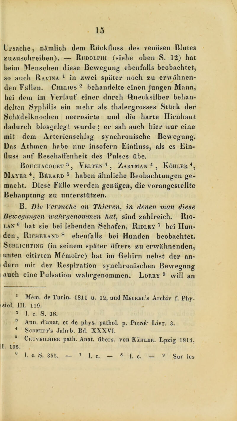 Ursache, nämlich dem Rückfluss des venösen Blutes zuzuschreiben). — Rudolphi (siehe oben S. 12) hat heim Menschen diese Bewegung ebenfalls beobachtet, so auch Ravina 1 in zwei später noch zu erwähnen- den Fällen. Chelius 2 behandelte einen jungen Mann, bei dem im Verlauf einer durch Quecksilber behan- delten Syphilis ein mehr als thalergrosses Stück der Schädelknochen necrosirte und die harte Hirnhaut dadurch biosgelegt wurde ; er sah auch hier nur eine mit dem Arterienschlag synchronische Bewegung. Das Athmen habe nur insofern Einfluss, als es Ein- fluss auf Beschaffenheit des Pulses übe. Bouchacolrt 3, Velten 4 , Zartman 4 , Köhler 4, Mayer4, Berard5 haben ähnliche Beobachtungen ge- macht. Diese Fälle werden genügen, die vorangestellte Behauptung zu unterstützen. B. Die Versuche an Thieren, in denen man diese Bewegungen wahrgenommen hat, sind zahlreich. Rio- lan 6 hat sie bei lebenden Schafen, Ridley 7 bei Hun- den , Richerand 8 ebenfalls bei Hunden beobachtet. Schlichting (in seinem später öfters zu erwähnenden, unten citirten Memoire) hat im Gehirn nebst der an- dern mit der Respiration synchronischen Bewegung auch eine Pulsation wahrgenommen. Lorry 9 will an 1 Mein, de Turin. 1811 u. 12, und Meckel’s Archiv f. Phy- •siol. III. 119. 3 1. c. S. 38. 21 Ann. d’anat. et de phys. pathol. p. PigNe’ Livr. 3. 4 Schiviidt’s Jahrb. Bd. XXXVI. s Cruveilhier path. Anat. übers, von Kahler. Lpzig 1814, I. 105. c I. c. S. 355. — 7 1. c. - * 1. c. - 9 Sur les