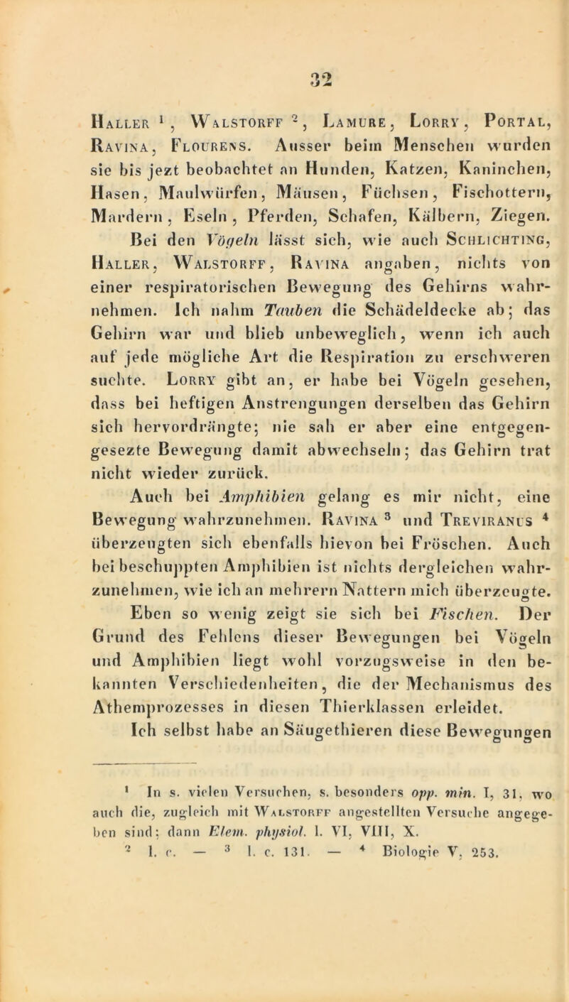 Haller 1 , Walstorff2, Lamure, Lorry, Portal, Ravina, Flourens. Ausser beim Menschen wurden sie bis jezt beobachtet an Hunden, Katzen, Kaninchen, Hasen, Maulwürfen, Mäusen, Füchsen, Fischottern, M ardern , Eseln , Pferden, Schafen, Kälbern, Ziegen. Bei den Vögeln lässt sich, wie auch Schlichting, Haller, Walstorff, Ravina angaben, nichts von einer respiratorischen Bewegung des Gehirns w ahr- nehmen. Ich nahm Tauben die Schädeldecke ab; das Gehirn war und blieb unbeweglich, wenn ich auch auf jede mögliche Art die Respiration zu erschweren suchte. Lorry gibt an, er habe bei Vögeln gesehen, dass bei heftigen Anstrengungen derselben das Gehirn sieh hervordrängte; nie sah er aber eine entgegen- gesezte Bewegung damit abwechseln; das Gehirn trat nicht wieder zurück. Auch bei Amphibien gelang es mir nicht, eine Bewegung wahrzunehmen. Ravina 3 und Treviranls 4 überzeugten sich ebenfalls hievon bei Fröschen. Auch bei beschuppten Amphibien ist nichts dergleichen wahr- zunehmen, wie ich an mehrern Nattern mich überzeugte. ' © Eben so wenig zeigt sie sich bei Fischen. Der Grund des Fehlens dieser Bewegungen bei Vögeln und Amphibien liegt wohl vorzugsweise in den be- kannten Verschiedenheiten, die der Mechanismus des Athemprozesses in diesen Thierklassen erleidet. Ich selbst habe an Säugethieren diese Bewegungen a D O 1 In s. vielen Versuchen, s. besonders opp. min. I, 31, wo auch die, zugleich mit Walstorff angestclltcn Versuche angege- ben sind; dann Elem. physiol. 1. VI, VIII, X.