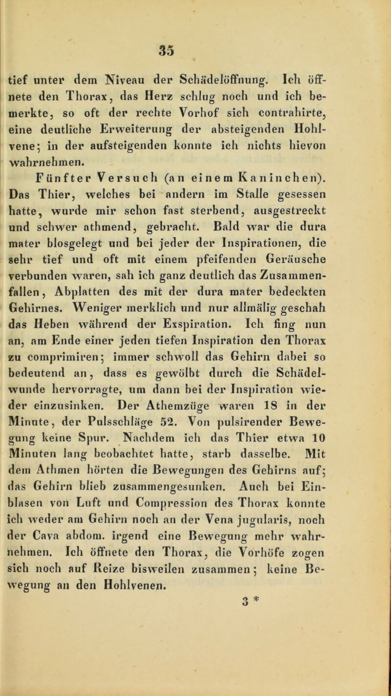 tief unter dem Niveau der SchädeJöffnung. Ich öff- nete den Thorax, das Herz schlug noch und ich be- merkte, so oft der rechte Vorhof sich contrahirte, eine deutliche Erweiterung der absteigenden Hohl- vene; in der aufsteigenden konnte ich nichts hievon wahrnehmen. Fünfter Versuch (an einem Kaninchen). Das Thier, welches bei andern im Stalle gesessen hatte, wurde mir schon fast sterbend, ausgestreckt und schwer nthmend, gebracht. Bald war die dura mater biosgelegt und bei jeder der Inspirationen, die sehr tief und oft mit einem pfeifenden Geräusche verbunden waren, sah ich ganz deutlich das Zusammen- fallen , Abplatten des mit der dura mater bedeckten Gehirnes. Weniger merklich und nur allmälig geschah das Heben während der Exspiration. Ich fing nun an, am Ende einer jeden tiefen Inspiration den Thorax zu coinprimiren; immer schwoll das Gehirn dabei so bedeutend an, dass es gew'ölbt durch die Schädel- wunde hervorragte, um dann bei der Inspiration wie- der einzusinken. Der Athemzüge waren 18 in der Minute, der Pulsschläge 52. Von pulsirender Bewe- gung keine Spur. Nachdem ich das Thier etwa 10 Minuten lang beobachtet hatte, starb dasselbe. Mit dem Athmen hörten die Bewegungen des Gehirns auf; das Gehirn blieb zusarnmengesunken. Auch bei Ein- blasen von Luft und Compression des Thorax konnte ich weder am Gehirn noch an der Vena jugularis, noch der Cava abdom. irgend eine Bewegung mehr wahr- nehmen. Ich öffnete den Thorax, die Vorhöfe zo^en ' CT sich noch auf Reize bisweilen zusammen ; keine Be- wegung an den Hohlvenen. 3 *