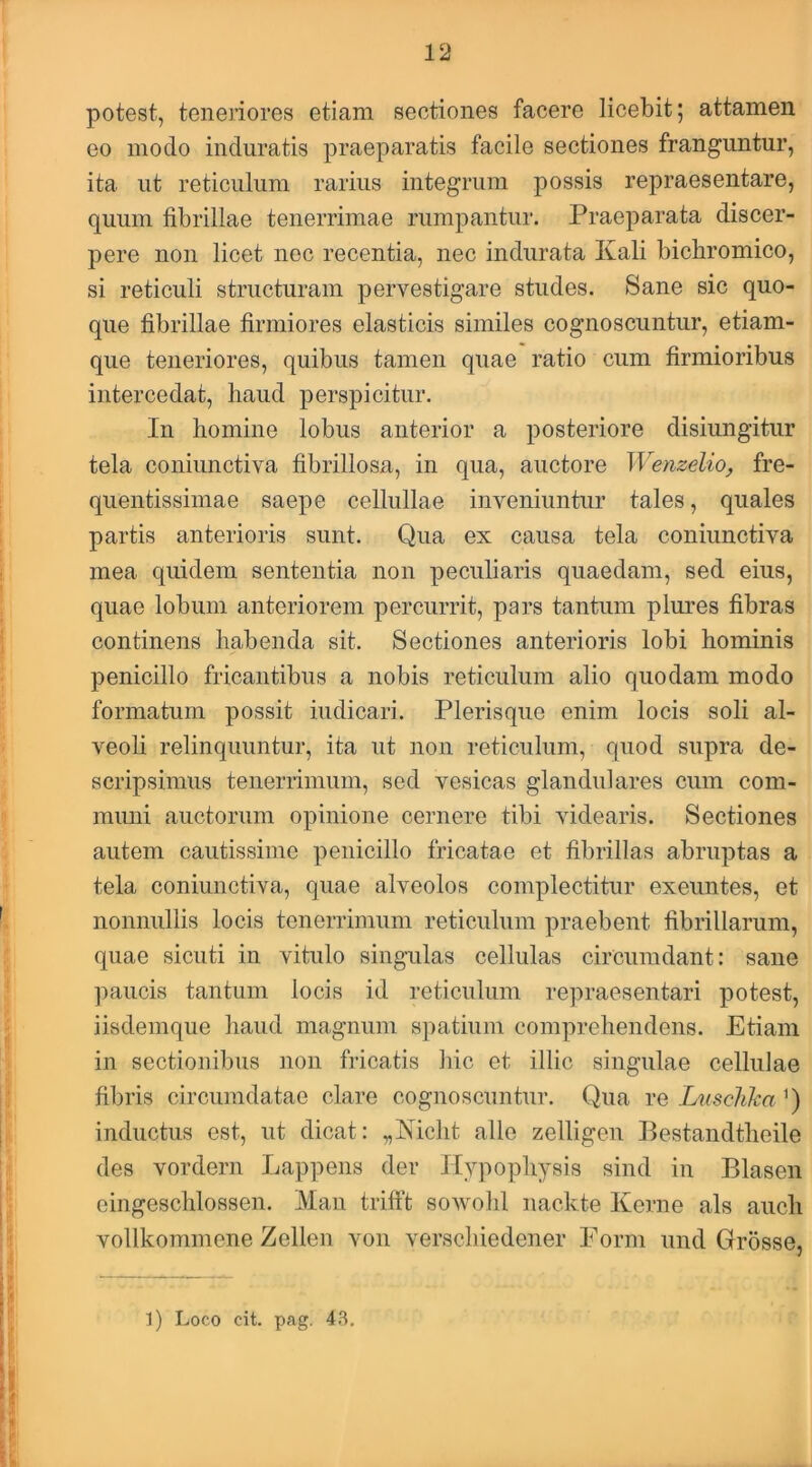 potest, teneriores etiam sectiones facere licebit; attamen eo modo induratis praeparatis facile sectiones franguntur, ita ut reticulum rarius integrum possis repraesentare, quum fibrillae tenerrimae rumpantur. Praeparata discer- pere non licet nec recentia, nec indurata Kali bicbromico, si reticuli structuram pervestigare studes. Sane sic quo- que fibrillae firmiores elasticis similes cognoscuntur, etiam- que teneriores, quibus tamen quae ratio cum firmioribus intercedat, haud perspicitur. In homine lobus anterior a posteriore disiungitur tela coniunctiva fibrillosa, in qua, auctore Wenzelioj fre- qiientissimae saepe cellullae inveniuntur tales, quales partis anterioris sunt. Qua ex causa tela coniunctiva mea quidem sententia non peculiaris quaedam, sed eius, quae lobum anteriorem percurrit, pars tantum plures fibras continens habenda sit. Sectiones anterioris lobi hominis penicillo fricantibus a nobis reticulum alio quodam modo formatum possit iudicari. Plerisqiie enim locis soli al- veoli relinquuntur, ita ut non reticulum, quod supra de- scripsimus tenerrimum, sed vesicas glandulares cum com- muni auctorum opinione cernere tibi videaris. Sectiones autem cautissime penicillo fricatae et fibrillas abruptas a tela coniunctiva, quae alveolos complectitur exeuntes, et nonnullis locis tenerrimum reticulum praebent fibrillarum, quae sicuti in vitulo singulas cellulas circumdant: sane paucis tantum locis id reticulum repraesentari potest, iisdemque haud magnum spatium comprehendens. Etiam in sectionibus non fricatis liic et illic singulae cellulae fibris circumdatae clare cognoscuntur. Qua re Lusclika Q inductus est, ut dicat: „Mcht alie zelligen Bestandtheile des vordern Lappens der Hypophysis sind in Blasen eingeschlossen. Man trifft sowohl nackte Kerne ais auch vollkommene Zellen von verschiedener Forni und Grosse,