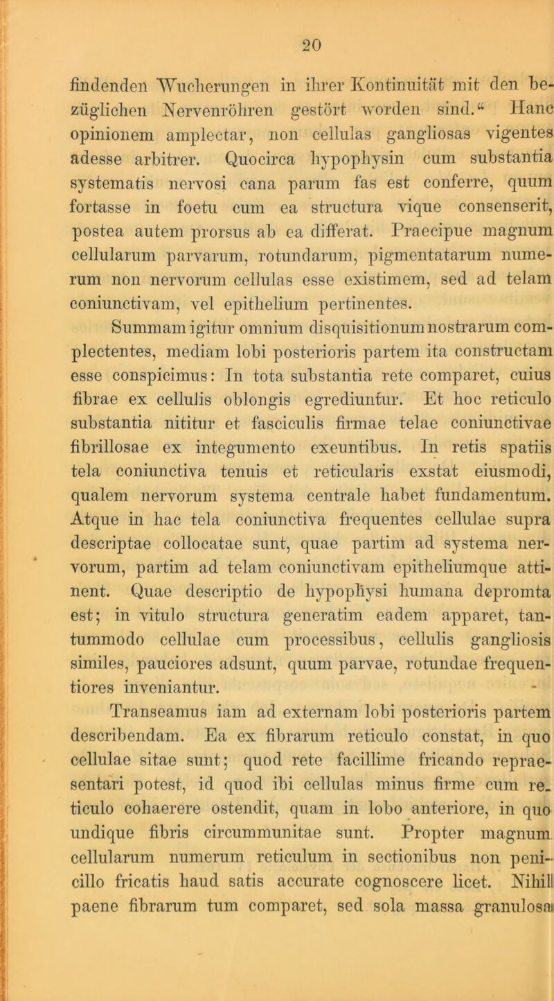 findenden AViiclierimgen in ilirer Kontimiitat mit den be- ziiglichen Nerveiiroliren gestort ^vordeii siiid.“ Hanc opinionem amplectar, non cellulas gangliosas vigentes adesse arbitrer. Quocirca liypopliysin cum substantia systematis nervosi cana parum fas est conferre, quum fortasse in foetu cum ea structura vique consenserit, postea autem prorsus ab ea dilferat. Praecipue magnum cellularum parvarum, rotundarum, pigmentatarum nume- rum non nervorum cellulas esse existimem, sed ad telam i coniunctivam, vel epithelium pertinentes. Summam igitur omnium disquisitionum nosti’arum com- plectentes, mediam lobi posterioris partem ita constructam esse conspicimus: In tota substantia rete comparet, cuius fibrae ex cellulis oblongis egrediuntur. Et hoc reticulo substantia nititur et fasciculis firmae telae coniunctivae fibrillosae ex integumento exeuntibus. In retis spatiis tela coniunctiva tenuis et reticularis exstat eiusmodi, qualem nervorum systema centrale habet fundamentum. Atque in hac tela coniunctiva frequentes cellulae supra descriptae collocatae sunt, quae partim ad systema ner- vorum, partim ad telam coniunctivam epitheliumque atti- nent. Quae descriptio de hjqDopliysi humana dcpromta est; in vitulo structura generatim eadem apparet, tan- tummodo cellulae cum processibus, cellulis gangliosis similes, pauciores adsunt, quum parvae, rotundae frequeii- tiores inveniantur. Transeamus iam ad externam lobi posterioris partem describendam. Ea ex fibrarum reticulo constat, in quo , ' cellulae sitae sunt; quod rete facillime fricando reprae- sentari potest, id quod ibi cellulas minus firme cum re. ticulo cohaerere ostendit, quam in lobo anteriore, in quo I undique fibris circummunitae sunt. Propter magnum i cellularum numerum reticulum in sectionibus non peni- I cillo fricatis haud satis accurate cognoscere licet. Nihili j paene fibrarum tum comparet, sed sola massa granulosai (