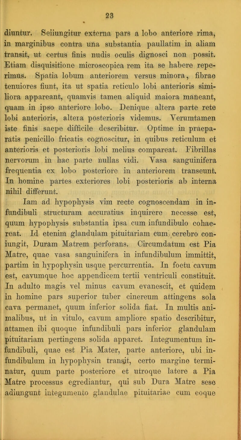 diuntur. Seiiungitiir externa pars a lobo anteriore rima, in marginibus contra una substantia paullatim in aliam transit, ut certus finis nudis oculis dignosci non possit. Etiam disquisitione microscopica rem ita se habere repe- rimus. Spatia lobum anteriorem versus minora, fibrae tenuiores fiunt, ita ut spatia reticulo lobi anterioris simi- liora appareant, quamvis tamen aliquid maiora maneant, quam in ipso anteriore lobo. Denique altera parte rete lobi anterioris, altera posterioris videmus. Yerumtamen j iste finis saepe difficile describitur. Optime in praepa- I ratis penicillo fricatis cognoscitur, in quibus reticulum et anterioris et posterioris lobi melius comparcat. Fibrillas nervorum in hac parte nullas vidi. Yasa sanguinifera frequentia ex lobo posteriore in anteriorem transeunt. In homine partes exteriores lobi posterioris ab interna niliil differunt. lam ad hypophysis vim recte cognoscendam in in- I fundibuli structuram accuratius inquirere necesse est, , quum hypophysis substantia ipsa cum infundibulo cohae- i reat. Id etenim glandulam pituitariam cum>^cerebro con- j iungit. Duram Matrem perforans. Circumdatum est Pia I Matre, quae vasa sanguinifera in infundibulum immittit, I partim in hypophysin usque percurrentia. In foetu cavum i est, cavumque hoc appendicem tertii ventriculi constituit. In adulto magis vel minus cavum evanescit, et quidem , in homine pars superior tuber cinereum attingens sola cava permanet, quum inferior solida fiat. In multis ani- malibus, ut in vitulo, cavum ampliore spatio describitur, attamen ibi quoque infundibuli pars inferior glandulam pituitariam pertingens solida apparet. Integumentum in- fundibuli, quae est Pia Mater, parte anteriore, ubi in- fundibulum in hypophysin transit, certo margine termi- natur, quum parte posteriore et utroque latere a Pia Matre processus egrediantur, qui sub Dura Matre sese adiungunt integumento glandulae pituitariae cum eoque