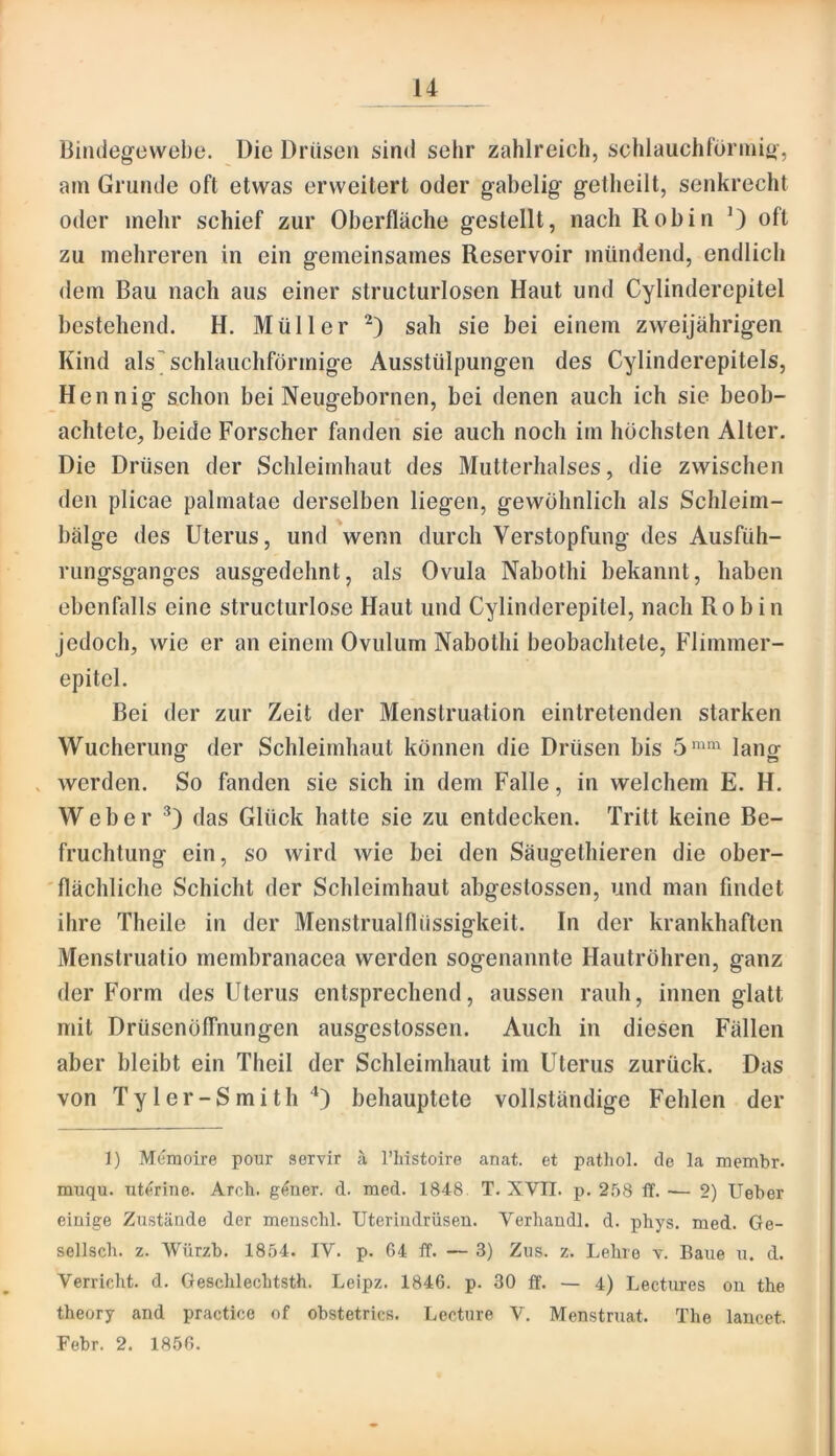 Bindegewebe. Die Drüsen sind sehr zahlreich, schlauchförmig, am Grunde oft etwas erweitert oder gabelig getheilt, senkrecht oder mehr schief zur Oberfläche gestellt, nach Roh in 0 off zu mehreren in ein gemeinsames Reservoir mündend, endlich dem Bau nach aus einer structurlosen Haut und Cylinderepitel bestehend. H. Müller sah sie bei einem zweijährigen Kind als'schlauchförmige Ausstülpungen des Cylinderepitels, Hennig schon bei Neugebornen, bei denen auch ich sie beob- achtete, beide Forscher fanden sie auch noch im höchsten Alter. Die Drüsen der Schleimhaut des Mutterhalses, die zwischen den plicae palmatae derselben liegen, gewöhnlich als Schleim- bälge des Uterus, und wenn durch Verstopfung des Ausfüh- riingsganges ausgedehnt, als Ovula Nabothi bekannt, haben ebenfalls eine structurlose Haut und Cylinderepitel, nach Robin jedoch, wie er an einem Ovulum Nabothi beobachtete, Flimmer- epitel. Bei der zur Zeit der Menstruation eintretenden starken Wucherung der Schleimhaut können die Drüsen bis 5'“^ lang . werden. So fanden sie sich in dem Falle, in welchem E. H. Weber das Glück hatte sie zu entdecken. Tritt keine Be- fruchtung ein, so wird wie bei den Säugethieren die ober- flächliche Schicht der Schleimhaut abgestossen, und man findet ihre Theile in der Menstrualllüssigkeit. In der krankhaften Menstruatio membranacea werden sogenannte Hautröhren, ganz der Form des Uterus entsprechend, aussen rauh, innen glatt mit DrüsenOffnungen ausgestossen. Auch in diesen Fällen aber bleibt ein Theil der Schleimhaut im Uterus zurück. Das von Tyler-Smith behauptete vollständige Fehlen der 1) Memoire pour servir ä l’Mstoire anat. et pathol. de la membr. muqu. uterine. Arch. gener. d. med. 1848 T. XVII. p. 2,58 ff. — 2) Ueber einige Zustände der meuschl. Uteriudrüsen. Verband!, d. pbys. med. Ge- sellsch. z. AVürzb. 1854. IV. p. 64 ff. — 3) Ziis. z. Lebre v. Baue n. d. Verriclit. d. Gescblecbtsth. Leipz. 1846. p. 30 ff. — 4) Lectures ou tbe tbeory and practice of obstetrics. Lectnre V. Menstruat. Tbe lancet. Febr. 2. 1856.