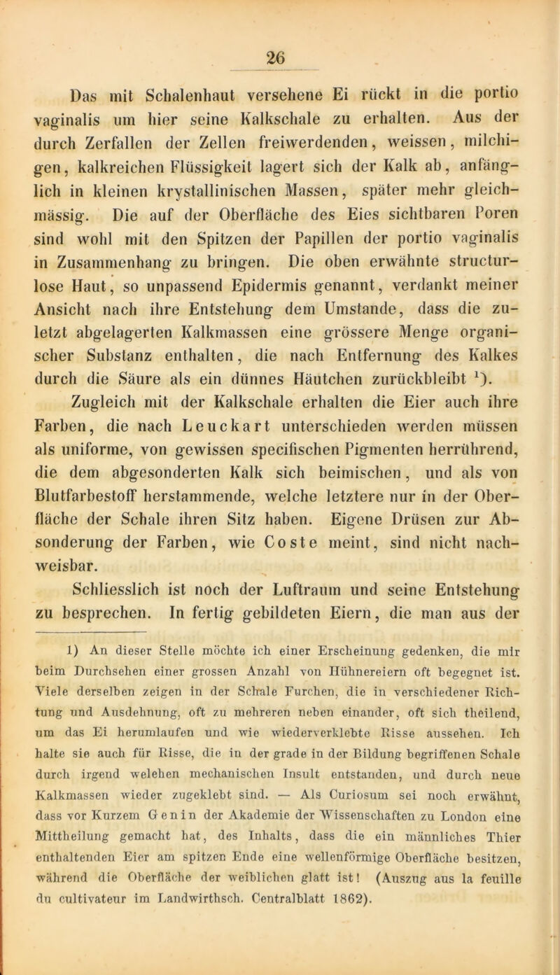 Das mit Sclialenhaut versehene Ei rückt in die portio vaefinalis um hier seine Kalkschale zu erhalten. Aus der durch Zerfallen der Zellen freiwerdenden, weissen, milchi- gen, kalkreichen Flüssigkeit lagert sich der Kalk ab, anfäng- lich in kleinen krystallinischen Massen, später mehr gleich- massig. Die auf der Oberfläche des Eies sichtbaren Poren sind wohl mit den Spitzen der Papillen der portio vaginalis in Zusammenhang zu bringen. Die oben erwähnte structur- lose Haut, so unpassend Epidermis genannt, verdankt meiner Ansicht nach ihre Entstehung dem Umstande, dass die zu- letzt abgelagerten Kalkmassen eine grössere Menge organi- scher Substanz enthalten, die nach Entfernung des Kalkes durch die Säure als ein dünnes Häutchen zurückbleibt ^). Zugleich mit der Kalkschale erhalten die Eier auch ihre Farben, die nach Leuckart unterschieden werden müssen als uniforme, von gewissen specifischen Pigmenten herrührend, die dem abgesonderten Kalk sich beimischen, und als von Blutfarbestoff herstammende, welche letztere nur ln der Ober- fläche der Schale ihren Sitz haben. Eigene Drüsen zur Ab- sonderung der Farben, wie Coste meint, sind nicht nach- weisbar. Schliesslich ist noch der Luftraum und seine Entstehung zu besprechen. In fertig gebildeten Eiern, die man aus der 1) An dieser Stelle möchte ich einer Erscheinung gedenken, die mir heim Durchsehen einer grossen Anzahl von Hühnereiern oft begegnet ist. Viele derselben zeigen in der Schrale Furchen, die in verschiedener Rich- tung und Ausdehnung, oft zu mehreren neben einander, oft sich theilend, um das Ei herumlaufen und wie wiederverklebtc Risse aussehen. Ich halte sie auch für Risse, die in der grade in der Bildung begriffenen Schale durch irgend welehcn mechanischen Insult entstanden, und durch neue Kalkmassen wieder zugeklcbt sind. — Als Curiosum sei noch erwähnt, dass vor Kurzem Gen in der Akademie der Wissenschaften zu London eine Mittheilung gemacht hat, des Inhalts, dass die ein männliches Thier enthaltenden Eier am spitzen Ende eine wellenförmige Oberfläche besitzen, während die Oberfläche der weiblichen glatt ist! (Auszug aus la feuille du cultivateur im Landwirthsch. Centralblatt 1862).
