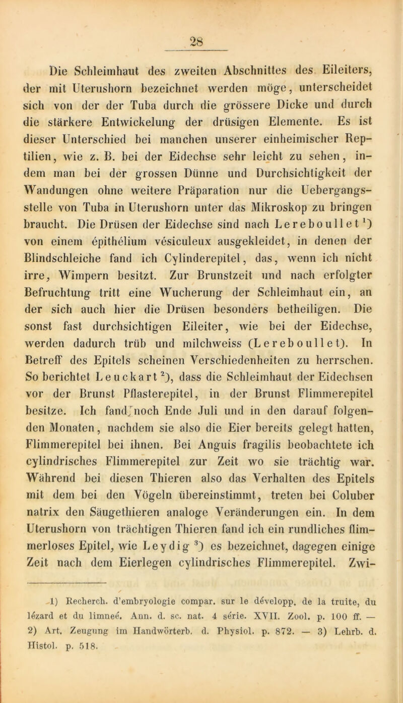 Die Sclileimhaiit des zweiten Abschnittes des Eileiters, der mit Uterusliorn bezeichnet werden möge, unterscheidet sich von der der Tuba durch die grössere Dicke und durch die stärkere Entwickelung der drüsigen Elemente. Es ist dieser Unterschied bei manchen unserer einheimischer Rep- tilien, wie z. B. bei der Eidechse sehr leicht zu sehen, in- dem man bei der grossen Dünne und Durchsichtigkeit der Wandungen ohne weitere Präparation nur die üebergangs- stelle von Tuba in Uterushorn unter das Mikroskop zu bringen braucht. Die Drüsen der Eidechse sind nach LereboulletO von einem epithelium vesiculeux ausgekleidet, in denen der Blindschleiche fand ich Cylinderepitel, das, wenn ich nicht irre, Wimpern besitzt. Zur Brunstzeit und nach erfolgter Befruchtung tritt eine Wucherung der Schleimhaut ein, an der sich auch hier die Drüsen besonders betheiligen. Die sonst fast durchsichtigen Eileiter, wie bei der Eidechse, werden dadurch trüb und milchweiss (L e r e b o u 11 e t). In BetrelF des Epitels scheinen Verschiedenheiten zu herrschen. So berichtet Leuckart^), dass die Schleimhaut der Eidechsen vor der Brunst Pflasterepitel, in der Brunst Flimmerepitel besitze. Ich fandjnoch Ende Juli und in den darauf folgen- den Monaten, nachdem sie also die Eier bereits gelegt hatten, Flimmerepitel bei ihnen. Bei Anguis fragilis beobachtete ich cylindrisches Flimmerepitel zur Zeit wo sie trächtig war. Während bei diesen Thieren also das Verhalten des Epitels mit dem bei den Vögeln übereinstimmt, treten bei Coluber natrix den Säugethieren analoge Veränderungen ein. In dem Uterushorn von trächtigen Thieren fand ich ein rundliches flim- merloses Epitel, wie Leydig es bezeichnet, dagegen einige Zeit nach dem Eierlegen cylindrisches Flimmerepitel. Zwi- A) Recherch. d’embryologie compar. sur le d^velopp. de la truite, du lözard et du limnee. Ann. d. sc. nat. 4 serie. XYII. Zool. p. 100 ff. — 2) Art. Zeugung im Ilandwörterb. d. Physiol. p. 872. — 3) Lebrb. d. Histol. p. .518.