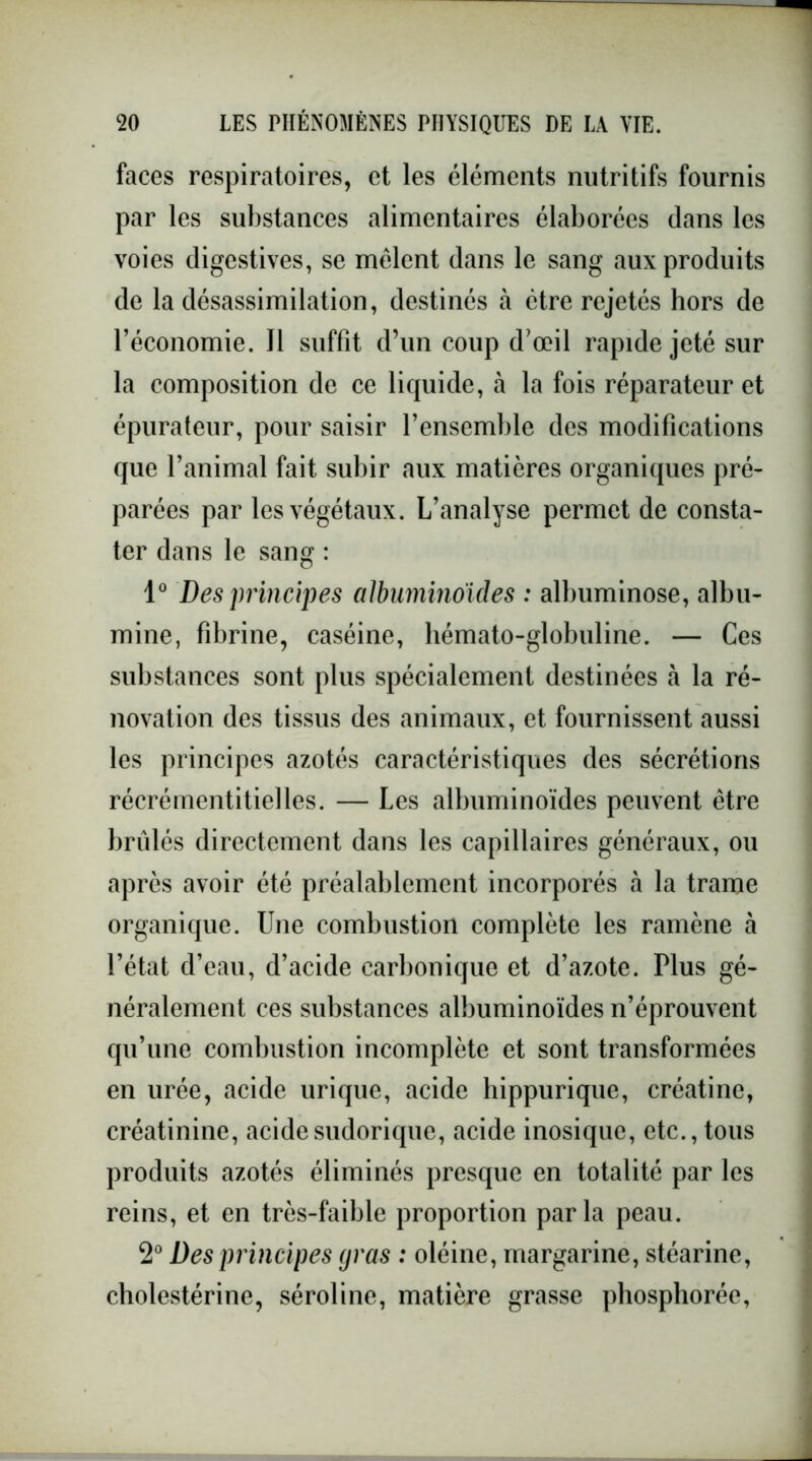 faces respiratoires, et les éléments nutritifs fournis par les substances alimentaires élaborées dans les voies digestives, se mêlent dans le sang aux produits de la désassimilation, destinés à être rejetés hors de l’économie. Il suffit d’un coup d’œil rapide jeté sur la composition de ce liquide, à la fois réparateur et épurateur, pour saisir l’ensemble des modifications que l’animal fait subir aux matières organiques pré- parées par les végétaux. L’analyse permet de consta- ter dans le sang : 1° Des principes albuminoïdes : albuminose, albu- mine, fibrine, caséine, hémato-globuline. — Ces substances sont plus spécialement destinées à la ré- novation des tissus des animaux, et fournissent aussi les principes azotés caractéristiques des sécrétions récrémentitielles. — Les albuminoïdes peuvent être brûlés directement dans les capillaires généraux, ou après avoir été préalablement incorporés à la trame organique. Une combustion complète les ramène à l’état d’eau, d’acide carbonique et d’azote. Plus gé- néralement ces substances albuminoïdes n’éprouvent qu’une combustion incomplète et sont transformées en urée, acide urique, acide hippurique, créatine, créatinine, acidesudorique, acide inosique, etc., tous produits azotés éliminés presque en totalité par les reins, et en très-faible proportion parla peau. 2° Des principes gras : oléine, margarine, stéarine, cholestérine, séroline, matière grasse phosphorée,