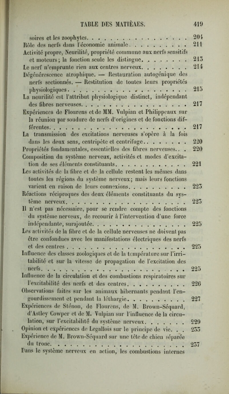 soires et les zoophytes » 204 Rôle des nerfs dans l'économie animale 211 Activité propre, Neurilité, propriété commune aux nerfs sensitifs et moteurs ; la fonction seule les distingue 215 Le nerf n’emprunte rien aux centres nerveux 214 Dégénérescence atrophique. — Restauration autogénique des nerfs sectionnés. — Restitution de toutes leurs propriétés physiologiques . * 215 La neurilité est l’attribut physiologique distinct, indépendant des fibres nerveuses 217 Expériences de Flourens et de MM. Vulpian et Philippcaux sur la réunion par soudure de nerfs d’origines et de fonctions dif- férentes 217 La transmission des excitations nerveuses s’opère à la fois dans les deux sens, centripète et centrifuge 220 Propriétés fondamentales, essentielles des fibres nerveuses.. . 220 Composition du système nerveux, activités et modes d’excita- tion de ses éléments constituants 221 Les activités de la fibre et de la cellule restent les mêmes dans toutes les régions du système nerveux; mais leurs fonctions varient en raison de leurs connexions , . 225 Réactions réciproques des deux éléments constituants du sys- tème nerveux 225 11 n’est pas nécessaire, pour se rendre compte des fonctions du système nerveux, de recourir à l’intervention d’une force indépendante, surajoutée 225 Les activités de la fibre et de la cellule nerveuses ne doivent pas être confondues avec les manifestations électriques des nerfs et des centres 225 Influence des classes zoologiques et de la température sur l’irri- tabilité et sur la vitesse de propagation de l’excitation des nerfs 225 Influence de la circulation et des combustions respiratoires sur l’excitabilité des nerfs et des centres 226 Observations faites sur les animaux hibernants pendant l’en- gourdissement et pendant la léthargie. 227 Expériences de Sténon, de Flourens, de M. Brown-Séquard, d’Aslley Cowpcr et de M. Vulpian sur l’influence de la circu- lation, sur l’excitabilité du système nerveux 229 Opinion et expériences de Legallois sur le principe de vie. . . 255 Expérience de M. Brown-Séquard sur une tête de chien séparée du tronc 237 Pans le système nerveux en action, les combustions internes