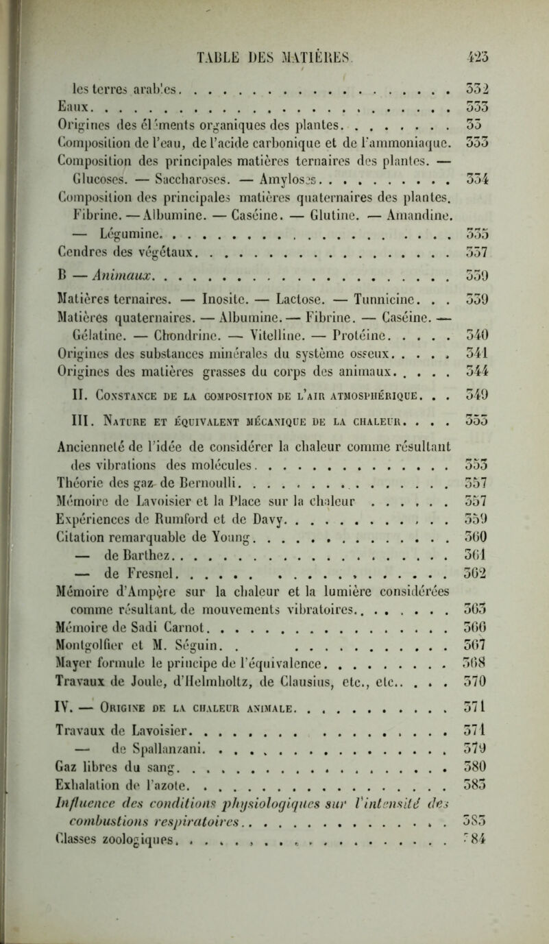 les terres arables 532 Eaux 553 Origines des éléments organiques des plantes 53 Composition de l’eau, de l’acide carbonique et de l'ammoniaque. 553 Composition des principales matières ternaires des plantes. — Glucoses. — Saccharoses. — Amyloses 334 Composition des principales matières quaternaires des plantes. Fibrine.—Albumine. — Caséine. — Glutine. — Amandine. — Légumine .... 553 Cendres des végétaux 337 B — Animaux 550 Matières ternaires. — Inosite. — Lactose. — Tunnicine. . . 539 Matières quaternaires. — Albumine.— Fibrine. — Caséine. Gélatine. — Chondrine. — Vitelline. — Protéine 540 Origines des substances minérales du système osseux 341 Origines des matières grasses du corps des animaux. .... 344 II. Constance de la composition de l’air atmosphérique. . . 549 III. Nature et équivalent mécanique de la chaleur. . . . 355 Ancienneté de l’idée de considérer la chaleur comme résultant des vibrations des molécules 553 Théorie des gaz de Bernoulli 357 Mémoire de Lavoisier et la Place sur la chaleur 357 Expériences de Rumford et de Davy 359 Citation remarquable de Young 500 — de Barthez 3Gl — de Fresnel 502 Mémoire d’Ampère sur la chaleur et la lumière considérées comme résultant, de mouvements vibratoires........ 305 Mémoire de Sadi Carnot 500 Montgolfier et M. Séguin. . 507 Mayer formule le principe de l’équivalence 50$ Travaux de Joule, d’IIelmholtz, de Clausius, etc., etc 570 IV. — Origine de la chaleur animale. . 371 Travaux de Lavoisier 571 —* de Spallanzani. . . . 579 Gaz libres du sang 580 Exhalation de l’azote 583 Influence des conditions physiologiques sur Vintensité des combustions respiratoires ». 383 Classes zoologiques. ^ 84