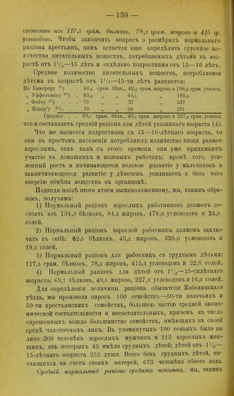 состоять изъ 117,3 грам. бѣлковъ, 78,2 грам. эісировъ и 415 гр. углеводовъ. Чтобы закончить вопросъ о размѣрахъ нормальнаго раціона крестьянъ, намъ остается еще оиредѣлить суточное ко- личество питательныхъ веществъ, потребляемыхъ дѣтьми въ воз- растѣ отъ іу2—15 лѣтъ и отдѣльно подростками отъ 15—16 лѣтъ. Среднее количество питательныхъ веществъ, потребляемое дѣтьми въ возрастѣ отъ 1х/2—15-ти лѣтъ равняется: По Каыереру * 1 2 3 4Ч . . 58,4 грам. бѣлк.., 42,5 грам. жировъ и 198,2 грам. углевод. „ Уффельману 2) • 63,4 „ „ 44,5 и 185,0 ,, Фонту 27) . . . 79 .„ „ 37 Уі 247 „ Копід’у 2(і). . • 78 СО со п 281 Среднее . . 69,7 грам. бѣлк., 40,5 грам. жировъ и 227,8 грам. углевод, что и составляетъ средній раціонъ для дѣтей указаннаго возраста (4). Что же касается подростковъ съ 15—16-лѣтняго возраста, то они въ простомъ населеніи потребляютъ количество пищи равное взрослымъ, такъ какъ съ этого времени они уже принимаютъ участіе въ домашнихъ и полевыхъ работахъ; кромѣ того, уси- ленный ростъ и начинающееся половое развитіе у мальчиковъ и заканчивающееся развитіе у дѣвочекъ усиливаетъ и безъ того энергію обмѣна веществъ въ организмѣ. Подводя послѣ этого итоги вышеизложенному, мы, такимъ обра- зомъ, получимъ: 1) Нормальный раціонъ взрослыхъ работниковъ долженъ со- стоять изъ 134,9 бѣлковъ, 84,3 жировъ, 479,0 углеводовъ и 24,3 солей. 2) Нормальный раціонъ взрослой роботницы долженъ заклю- чать въ себѣ: 82,5 бѣлковъ, 45,2 жировъ, 320,о углеводовъ и 19,2 солей. 3) Нормальный раціонъ для работницъ съ грудными дѣтьми: 117,3 грам. бѣлковъ, 78,2 жировъ, 415,3 углеводовъ и 22,6 солей. 4) Нормальный раціонъ для дѣтей отъ Н/з— 15-тилѣтняго возраста: 69,7 бѣлковъ, 40,5 жировь, 227,8 углеводовъ и 16,0 солей. Для опредѣленія величины раціона обывателя Кобелякскаго уѣзда, мы произвели опросъ 100 семействъ—50-ти казачьихъ и 50-ти крестьянскихъ семействъ, большею частію средней эконо- мической состоятельности и несостоятельныхъ, причемъ въ число спрошенныхъ вошло большинство семействъ, имѣющихъ въ своей средѣ чахоточныхъ лицъ. Въ упомянутыхъ 100 семьяхъ было на лицо 208 человѣкъ взрослыхъ мужчинъ и 213 взрослыхъ жен- щинъ, изъ которыхъ 45 имѣли грудныхъ дѣтей; дѣтей отъ 1Ѵ2 15-лѣтняго возраста 252 души. Всего безъ грудныхъ дѣтей, пи- тающихся на счетъ своихъ матерей, 673 человѣка обоего пола. Средній нормальный раціонъ средняго человѣка, мы, такимъ