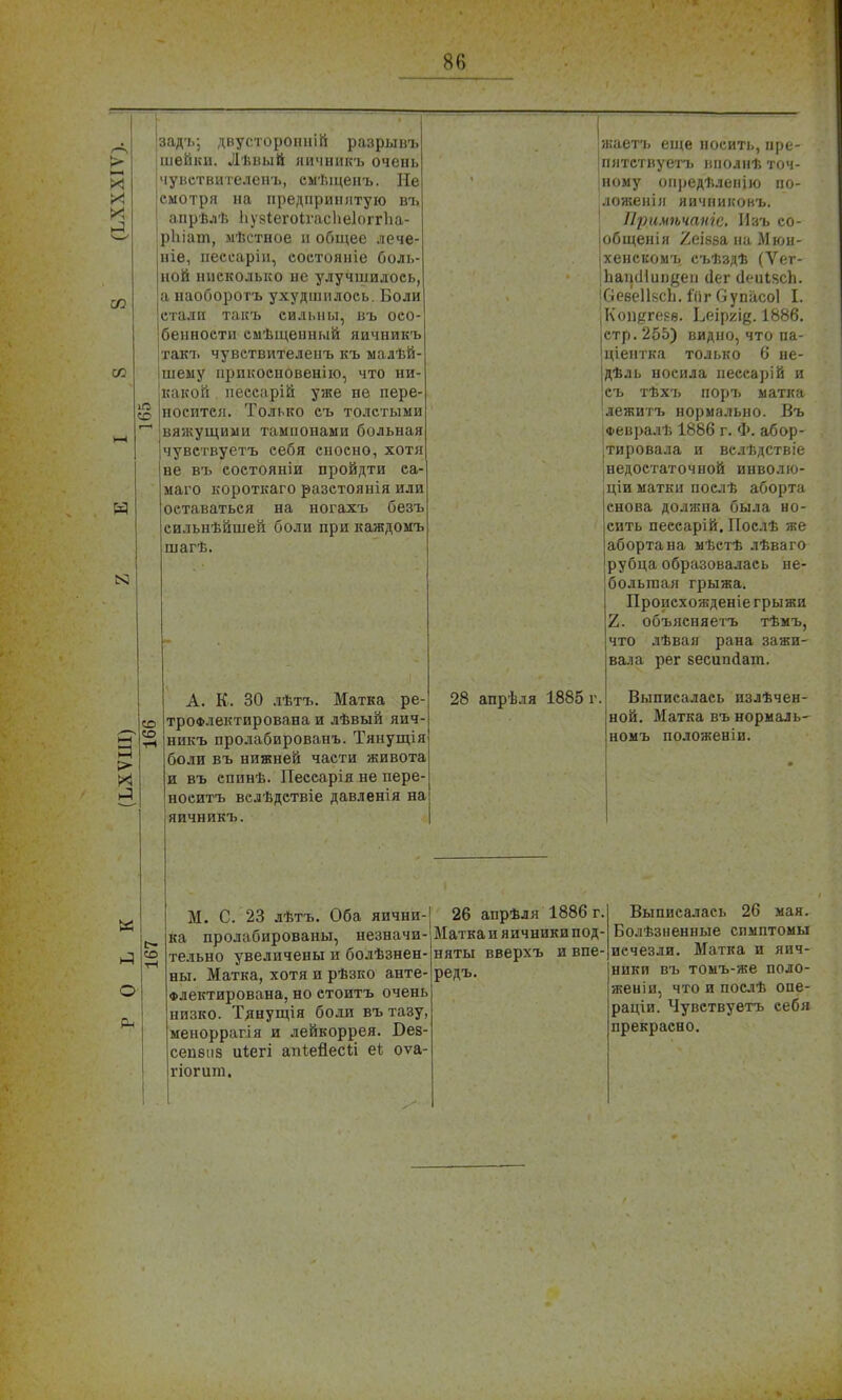 х X со N3 задъ; двусторонній разрывъ шейки. ЛѣвыЙ яичникъ очень чувствителенъ, емѣіценъ. Не смотря на предпринятую въ апрѣлѣ ІіуйіегоІтсЬеІоггЬа- рігіат, мѣстное и общее лече- ніе, пессаріп, еоетояніе боль- ной нисколько не улучшилось, а наоборотъ ухудшилось. Боли стали такъ сильны, въ осо- бенности смѣщенный яичникъ такт, чувствителенъ къ малѣй- шему ирикосыовенію, что ни- какой пессарій уже не пере- носится. Только съ толстыми вяжущими тампонами больная чувствуетъ себя сносно, хотя не въ состояніи пройдти са маго короткаго разетоянія или оставаться на ногахъ безъ сильнѣйшей боли при каждомъ шагѣ. СО СО и А. К. 30 лѣтъ. Матка ре троФ.іектирована и лѣвый яич никъ пролабированъ. Тянущія боли въ нижней части живота и въ еппнѣ. Пессарія не пере- ноеитъ велѣдствіе давленія на яичникъ. К О жаетъ еще носить, пре- пятствуетъ вполнѣ точ- ному онредѣленію по- ложенія яичпиковъ. Примѣчапіе. Изъ со- |общенія 2еІ8занаМюн- |хенскомъ съѣздѣ (Ѵег- |Ьапс11ин8ен (Іег (ІеиІйсЬ. |веб'е1І8сЬ. іііг Супасоі I. |Коп^ге8в. Ьеіргіе-1886. .стр.255) видно, что па- іціентка только 6 не- |дѣль носила пессарій и съ тѣхъ поръ матка лежитъ нормально. Въ Февралѣ 1886 г. Ф. абор- дировала и вслѣдствіе '(недостаточной инволю- щіи матки послѣ аборта снова должна была но- сить пессарій. Послѣ же аборта на мѣстѣ лѣваго рубца образовалась не- большая грыжа. Пропсхожденіе грыжи 2. объясняетъ тѣмъ, что лѣвая рана зажи- вала рег бесипйат. 28 апрѣля 1885 г. Выписалась излѣчен- ной. Матка въ нормаль- номъ положеніи. М. С. 23 лѣтъ. Оба яичнп-' 26 апрѣля 1886 г. цролабированы, незначи-ІМаткаияичникипод- тельно увеличены и болѣзнен- ны. Матка, хотя и рѣзко анте- Флектирована, но стоитъ очень низко. Тднущія боли вътазу, меноррагія и лейкоррея. Бев- сенбііз иіегі апЪейесй еі оѵа- гіогиш. няты вверхъ редъ. и впе- Выписалась 26 мая. Болѣзненные симптомы иечезли. Матка и яич- ники въ томъ-же поло- женіи, что и послѣ опе- раціи. Чувствуетъ себя прекрасно.