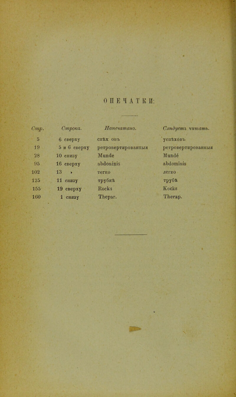 О П Е Ч А Т К И: Стр. Строка. Напечатано. Слѣдуетъ читать. 5 6 сверху спѣх овъ 'успѣховъ 19 5 и 6 сверху ретровертированпыя ретровертированпыя 28 10 снизу Мипйе Мипсіё 95 16 сверху аЪйопішз аМотіпів 102 13 » тегко легко 125 11 снизу трубкѣ трубѣ 155 19 сверху Коскз Коске 160 1 снизу ТЬераг. ТЬегар.