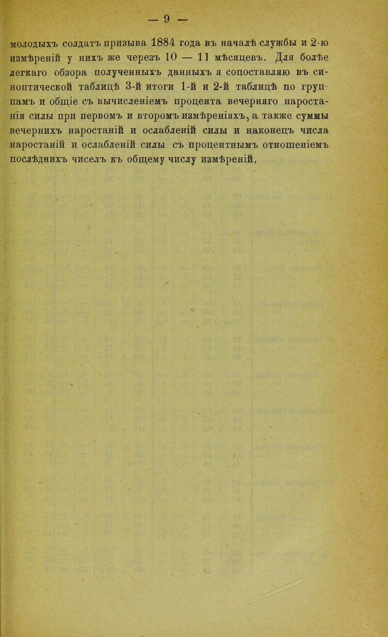 молодыхъ солдатъ призыва 1884 года въ началѣ службы и 2-ю измѣреній у нихъ же черезъ 10 — 1] мѣсяцевъ. Для болѣе легкаго обзора полученныхъ данныхъ я сопоставляю въ си- ноптической таблицѣ 3-й итоги 1-й и 2-й таблицѣ по труп памъ и общіе съ вычисленіемъ процента вечерняго нароста- нія силы при первомъ и второмъ измѣреніяхъ, а также суммы вечернихъ наростаній и ослабленій силы и наконецъ числа наростаній и ослабленій силы съ процентнымъ отношеніемъ послѣднихъ чиселъ къ общему числу измѣреній,