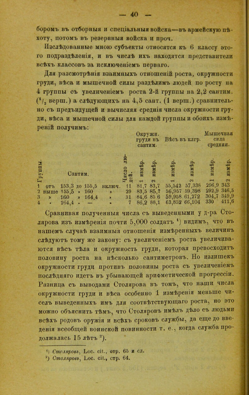 боромъ въ отборныя и спеціальныя войска—въ армейскую пѣ- хоту, потомъ въ резервный войска и проч. Изслѣдованные мною субъекты относятся къ 6 классу это- го подраздѣленія, и въ числѣ ихъ находятся представители всѣхъ классовъ за исключеніемъ перваго. Для разсмотрѣнія взаимныхъ отношеній роста, окружности груди, вѣса и мышечной силы раздѣлимъ людей по росту на 4 группы съ увеличеніемъ роста 2-й группы на 2,2 сантим, ('/з верш.) а слѣдующихъ на 4,5 сант. (1 верш.) сравнитель- но съ предъидущей и вычисляя среднія числа окружности гру- ди, вѣса и мышечной силы для каждой группы и обоихъ измѣ- реній получимъ: Окружн. Мышечная груди въ Вѣсъ въ клгр. сила сантим. средняя. | Сантим. |* 8 5 § § 23 Ъ-і ЁГІ«тЧ<МтНіМ'-<<М 1 отъ 153.3 до 155,5 ВКЛЮЧ. И 81,7 83,7 55,542 57,338 296,9 343 2 выше 155|5 » 160 » 29 83,5 85,7 56,957 59,398 292,9 346,5 3 > 160 » 164,4 » 31 84,6 85 6 59,958 61,272 304,7 349,9 4 . 164,4 . — . 7 86,2 88,1 63,852 66,104 330 411,6 Сравнивая полученныя числа съ выведенными у д-ра Сто- лярова изъ измѣренія почти 5,000 солдатъ 4) видимъ, что въ нашемъ случаѣ взаимный отношенія измѣренныхъ величинъ слѣдуютъ тому же закону: съ увеличеніемъ роста увеличива- ются вѣсъ тѣла и окружность груди, которая превосходитъ половину роста на нѣсколько сантиметровъ. Но излишекъ окружности груди противъ половины роста съ увеличеніемъ послѣдняго идетъ въ убывающей арифметической прогрессіи. Разница съ выводами Столярова въ томъ, что наши числа окружности груди и вѣса особенно 1 измѣренія меньше чи- селъ выведенныхъ имъ для соотвѣтствующаго роста, но это можно объяснить тѣмъ, что Столяровъ имѣлъ дѣло съ людьми всѣхъ родовъ оружія и всѣхъ сроковъ службы, да еще до вве- денія всеобщей воинской повинности т. е., когда служба про- должалась 15 лѣтъ 2). *) Столяров*, Ьос. ей., отр. 65 и сл. 2) Столяров*, Ліос. еіЦ стр. 64.