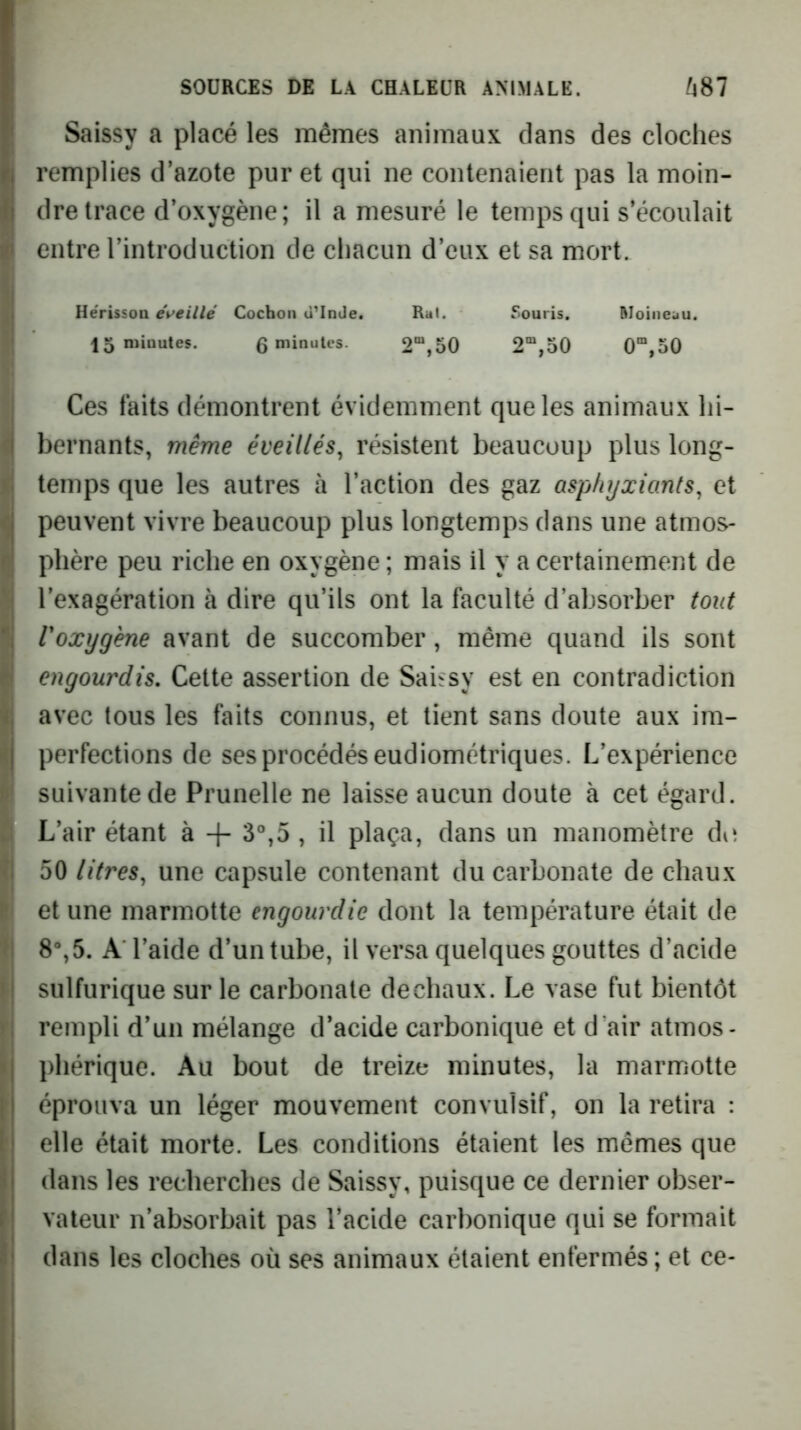 Saissy a placé les mêmes animaux dans des cloches remplies d’azote pur et qui ne contenaient pas la moin- dre trace d’oxygène; il a mesuré le temps qui s’écoulait I entre l’introduction de chacun d’eux et sa mort. Hérisson é\>eillé Cochon d’Inde. Ral. Souris. Moineau. 15 minutes. g minutes. 2“,50 2“,50 0“,50 Ces laits démontrent évidemment que les animaux hi- I bernants, même éveillés, résistent beaucoup plus long- temps que les autres à l’action des gaz asphyxiants, et peuvent vivre beaucoup plus longtemps dans une atmos- phère peu riche en oxygène ; mais il y a certainement de l’exagération à dire qu’ils ont la faculté d’absorber tout l'oxygène avant de succomber, même quand ils sont engourdis. Cette assertion de Sahsy est en contradiction avec tous les faits connus, et tient sans doute aux im- perfections de ses procédés eudiométriques. L’expérience I' suivante de Prunelle ne laisse aucun doute à cet égard. I L’air étant à -f 3°,5 , il plaça, dans un manomètre II 50 litres, une capsule contenant du carbonate de chaux I! et une marmotte engourdie dont la température était de f 8% 5. A l’aide d’un tube, il versa quelques gouttes d’acide sulfurique sur le carbonate de chaux. Le vase fut bientôt rempli d’un mélange d’acide carbonique et d'air atmos- phérique. Au bout de treize minutes, la marmotte ' éprouva un léger mouvement convulsif, on la retira : elle était morte. Les conditions étaient les mêmes que dans les recherches de Saissy, puisque ce dernier obser- vateur n’absorbait pas l’acide carbonique qui se formait dans les cloches où ses animaux étaient enfermés ; et ce-