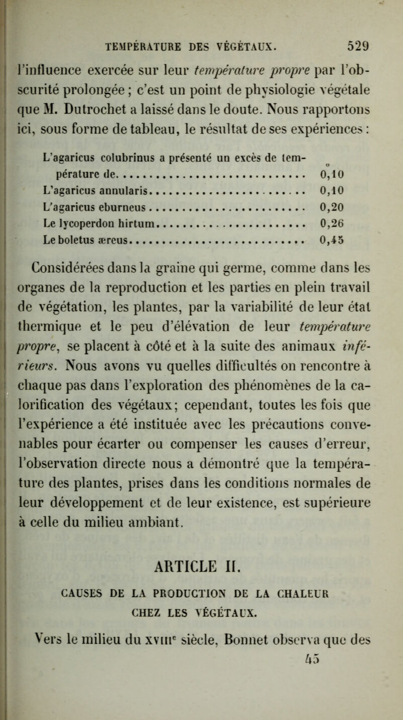 I l’influence exercée sur leur température propre par l’ob- • scurité prolongée ; c’est un point de physiologie végétale . que M. Dutrochet a laissé clans le doute. Nous rapportons • ici, sous forme de tableau, le résultat de ses expériences : L’agaricus colubrinus a présenté un excès de lem- pérature de 0,10 L'agaricus annularis 0,10 L'agaricus eburneus 0,20 Le lycoperdon hirtum 0,26 Leboletus æreus 0,T5 j Considérées dans la graine qui germe, comme dans les I organes de la reproduction et les parties en plein travail j de végétation, les plantes, par la variabilité de leur état thermique et le peu d’élévation de leur température propre^ se placent à côté et à la suite des animaux infé- rieurs. Nous avons vu quelles difficultés on rencontre à ! chaque pas dans l’exploration des phénomènes de la ca- ! lorification des végétaux; cependant, toutes les fois que 1 l’expérience a été instituée avec les précautions conve- nables pour écarter ou compenser les causes d’erreur, l’observation directe nous a démontré que la tempéra- I ture des plantes, prises dans les conditions normales de ‘ leur développement et de leur existence, est supérieure I à celle du milieu ambiant. I 1 ARTICLE II. i ; CAUSES DE LA PRODUCTION DE LA CHALEUR CHEZ LES VÉGÉTAUX. I Vers le milieu du xviii' siècle, Bonnet observa que des i 65