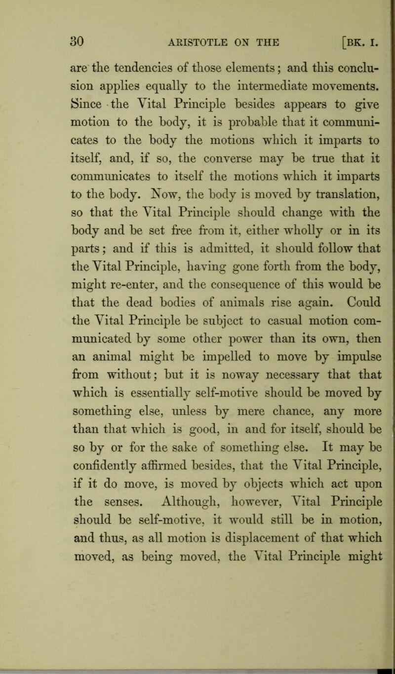 are the tendencies of those elements; and this conclu- sion applies equally to the intermediate movements. Since the Vital Principle besides appears to give motion to the body, it is probable that it communi- cates to the body the motions which it imparts to itself, and, if so, the converse may be true that it communicates to itself the motions which it imparts to the body. Now, the body is moved by translation, so that the Vital Principle should change with the body and be set free from it, either wholly or in its parts; and if this is admitted, it should follow that the Vital Principle, having gone forth from the body, might re-enter, and the consequence of this would be that the dead bodies of animals rise again. Could the Vital Principle be subject to casual motion com- municated by some other power than its own, then an animal might be impelled to move by impulse from without; but it is noway necessary that that which is essentially self-motive should be moved by something else, unless by mere chance, any more than that which is good, in and for itself, should be so by or for the sake of something else. It may be confidently affirmed besides, that the Vital Principle, if it do move, is moved by objects which act upon the senses. Although, however, Vital Principle should be self-motive, it would still be in motion, and thus, as all motion is displacement of that which moved, as being moved, the Vital Principle might