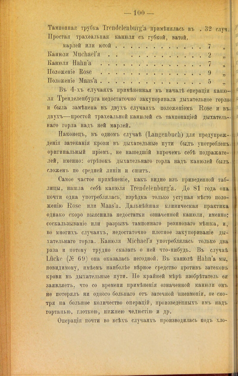 Тампопная трубка Тгеіі(1е1еііЬііг§'а прнмѣнялась въ . 32 глуч. Простая трахѳальная канюля съ губкой, ватой, марлей или ютой 7 Канюля МисЬаеГя 2 Канюля НаЬп'а 7 ' » Положеніе Кове 9 ГГоложеніѳ Мааз'а 5 „ Въ 4-хъ случаяхъ примѣненная въ началѣ оиѳраціи каню- ля Трѳндѳленбурга недостаточно закупоривала дыхательное горлш и была замѣнена въ двухъ случаяхъ положеніѳыъ Еозе и въі двухъ—простой трахеальной канюлей съ тампонаціей дыхатель- наго горла надъ ней марлей. Наконѳцъ, въ одномъ случаѣ (Ьаіі2;еііЬис}і) для предупреж- денія затѳканія крови въ дыхательные пути былъ употрѳбленъ. оригинальный нріемъ, не наіпедшій впрочемъ еебѣ подражате- лей, именно: отрѣзокъ дыхательнаго горла надъ канюлей былъ. сложенъ по средней линіи и сшитъ. Самое частое примѣненіе, какъ видно изъ приведенной таб- лицы, нашла себѣ канюля Тгеік1е1еііЬиг§'а. До 81 года она. почти одна употреблялась, изрѣдка только уступая мѣсто поло- женію Ко8е или Маав'а. Дальнѣйшая клиническая практика однако скоро выяснила недостатки означенной канюли, именно: соекальзываніе или разрывъ тампоннаго резиноваго мѣгака, и, во многихъ случаяхъ, недостаточно плотное закупориваніѳ ды- хательнаго горла. Канюля МісЬаеГя употреблялась только два раза и т[отому трудно сказать о ней что-нибудь. Въ случаѣ Ьііске 69) она оказалась негодной. Въ канюлѣ Наііпа мы, повидимому, имѣѳмъ наиболѣе вѣрное средство противъ затѳковъ крови въ дыхательные пути. По крайней мѣрѣ изобрѣтатель ея заяв.ііяетъ. что со времени примѣнѳнія означенной канюли онъ не потерялъ ни одного больпаго отъ затечной ппевмоніи, не смо- тря па большое количество операцій, произвѳдѳнпыхъ имъ надъ гортанью, глоткою, ппжпею челюстію и др. Операція почти во всѣхъ случаяхъ производилась подъ хло- I II