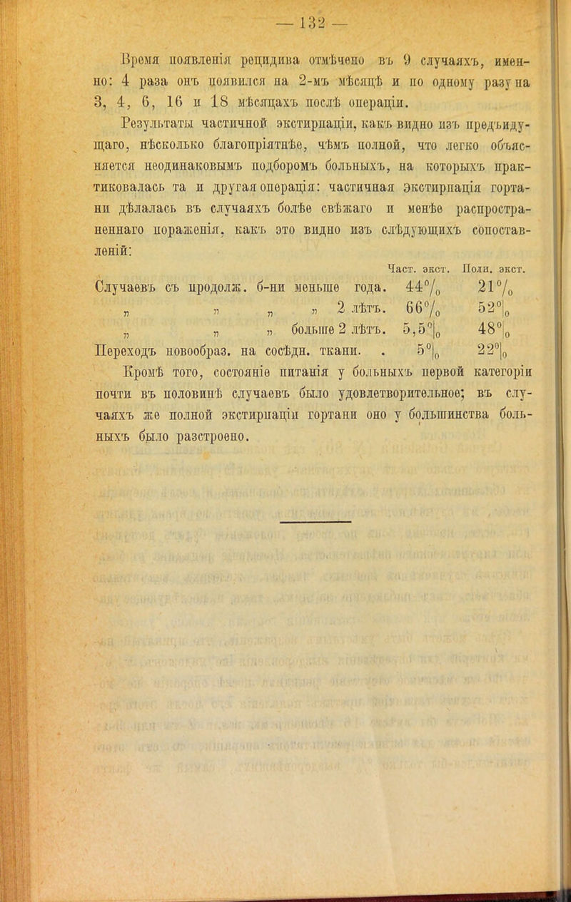 Время иоявлѳнія рецидива отмѣчеио въ 9 случаяхъ, имен- но: 4 раза онъ цоявился на 2-мъ мѣеяцѣ и по одному разу на 3, 4, 6, 16 и 18 мѣеяцахъ послѣ операціи. Результаты частичной экетирпаціи, какъ видно изъ нредъиду- щаго, нѣсколько благопріятнѣе, чѣмъ полной, что легко объяс- няется неодинаковымъ подборомъ больныхъ, на которыхъ прак- тиковалась та и другая онерація: частичная экстирпація горта- ни дѣлалась въ случаяхъ болѣе евѣжаго и менѣе раснростра- нѳннаго пораженія. какъ это видно изъ слѣдуіощихъ сопостав- леній: Част. экст. Поли. экст. Случаевъ съ продолж. б-ни меньше года. 44/^ 21°/о „ 2лѣтъ. 667о 52°|„ „ „ „ больше 2 лѣтъ. 5,5''|о 48°|о Переходъ новообраз. на сосѣдн. ткани. . 5°|о 22°|о Еромѣ того, состояніе питанія у больныхъ первой катѳгоріи почти въ половинѣ случаевъ было удовлетворительное; въ слу- чаяхъ же полной экстирпаціи гортани оно у большинства боль- ныхъ было разстроѳпо.
